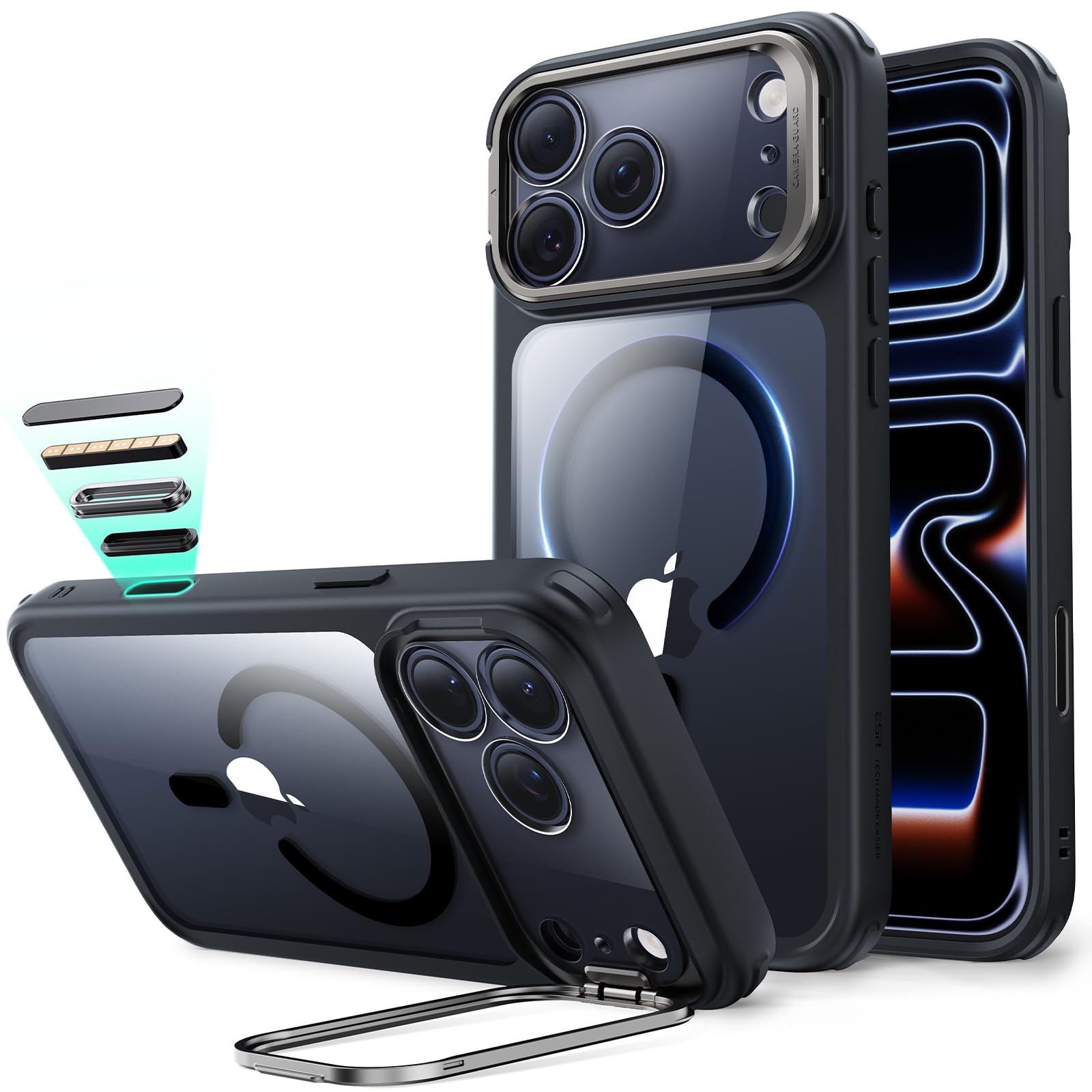 محافظ موبایل ESR برای iPhone 17 Pro Max با استند، کاور کنترل دوربین سازگار با مگ‌سیف، محافظت ضد ضربه نظامی با استانداردهای نظامی، محافظ مغناطیسی تلفن همراه، کاور پشتی مقاوم در برابر خط و خش، رنگ مشکی شفاف مخملی مخملی iPhone 17 Pro Max