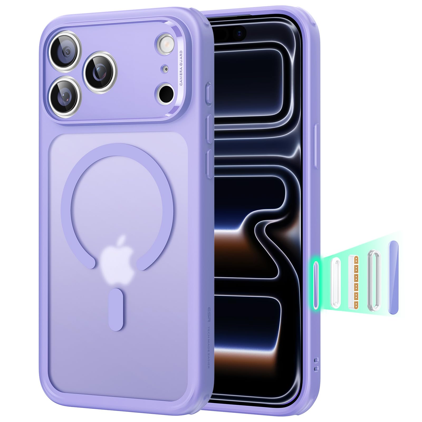 محافظ ESR برای iPhone 17 Pro Max، درپوش دوربین، سازگار با لوازم جانبی MagSafe، TPU، محافظت Military-Grade در برابر سقوط، گوشه‌های محافظ Air Guard با قابلیت جذب شوک، سری هیبرید، رنگ ارغوانی شفاف iPhone 17 Pro Max رنگ ارغوانی