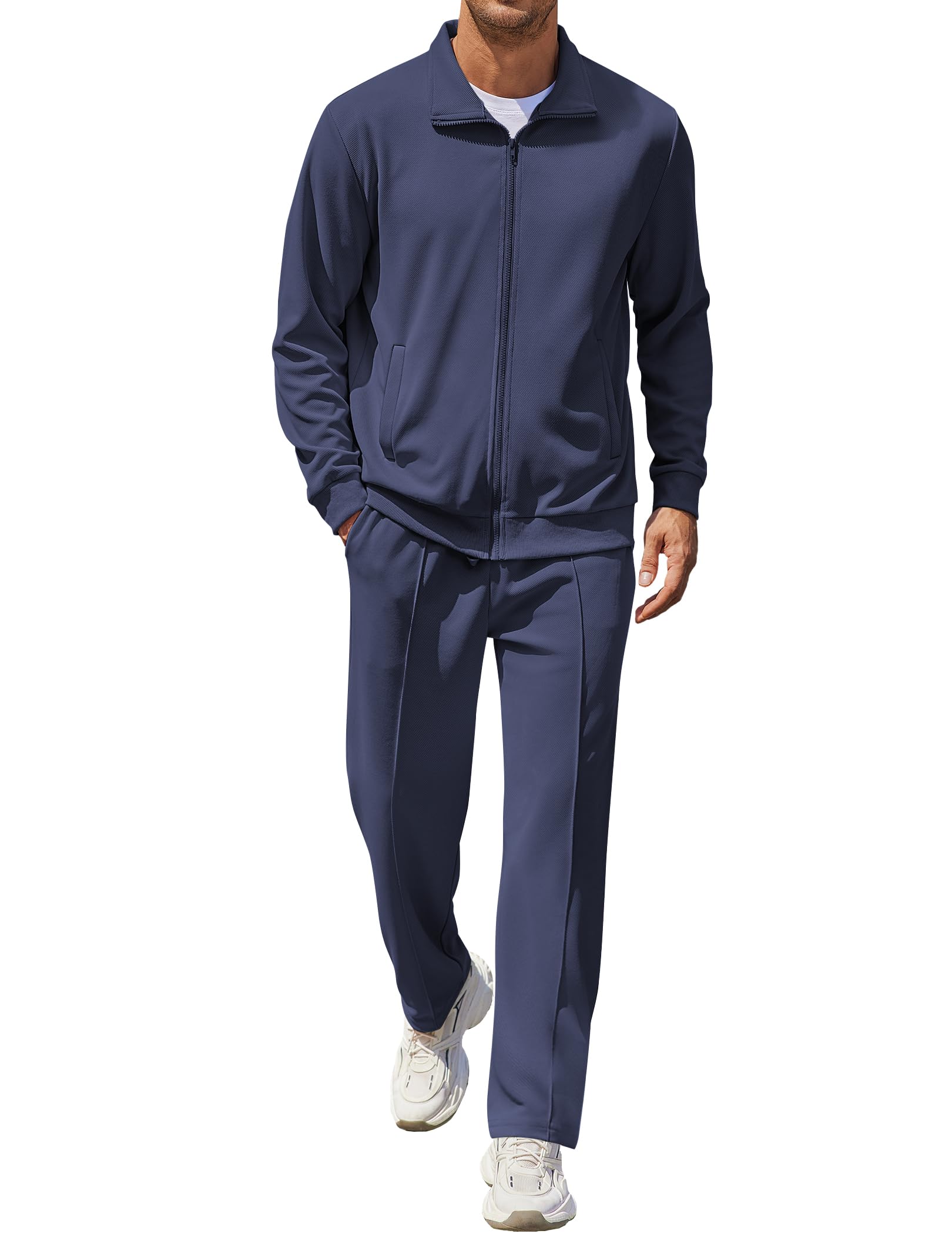 COOFANDY Men's Casual Sweatsuit 2 Piece Athletic Full Zip Tracksuit Jacquard Jogging Set Fashion Jackets And Pants Outfit Navy Blue XXL