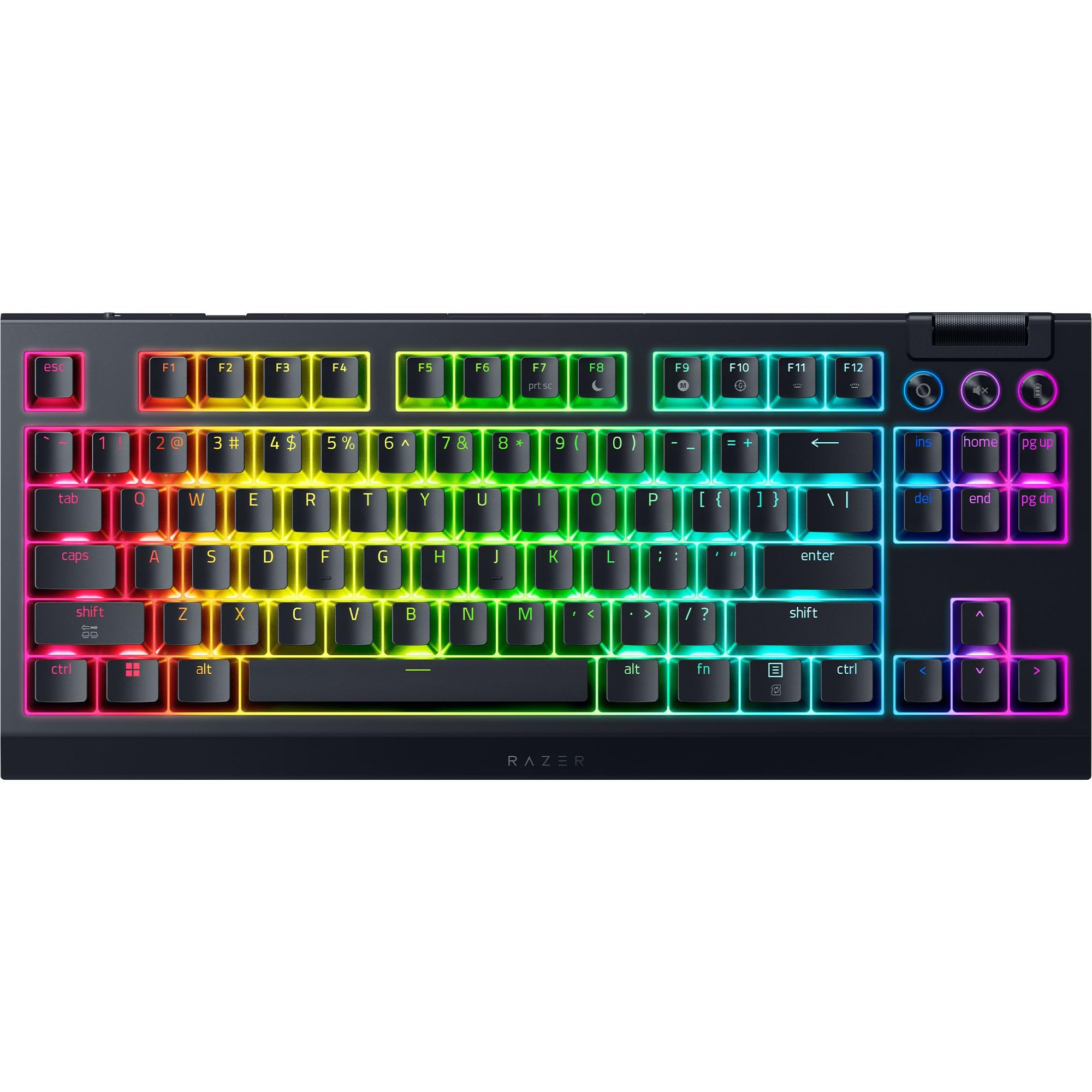 کیبورد بازی بی‌سیم Razer BlackWidow V4 TKL HyperSpeed Hot Swappable: سوئیچ‌های تاکتایل نارنجی - بی‌سیم و بلوتوث - دکمه‌های کنترل و رولر چند منظوره - RGB کروما - عمر باتری طولانی