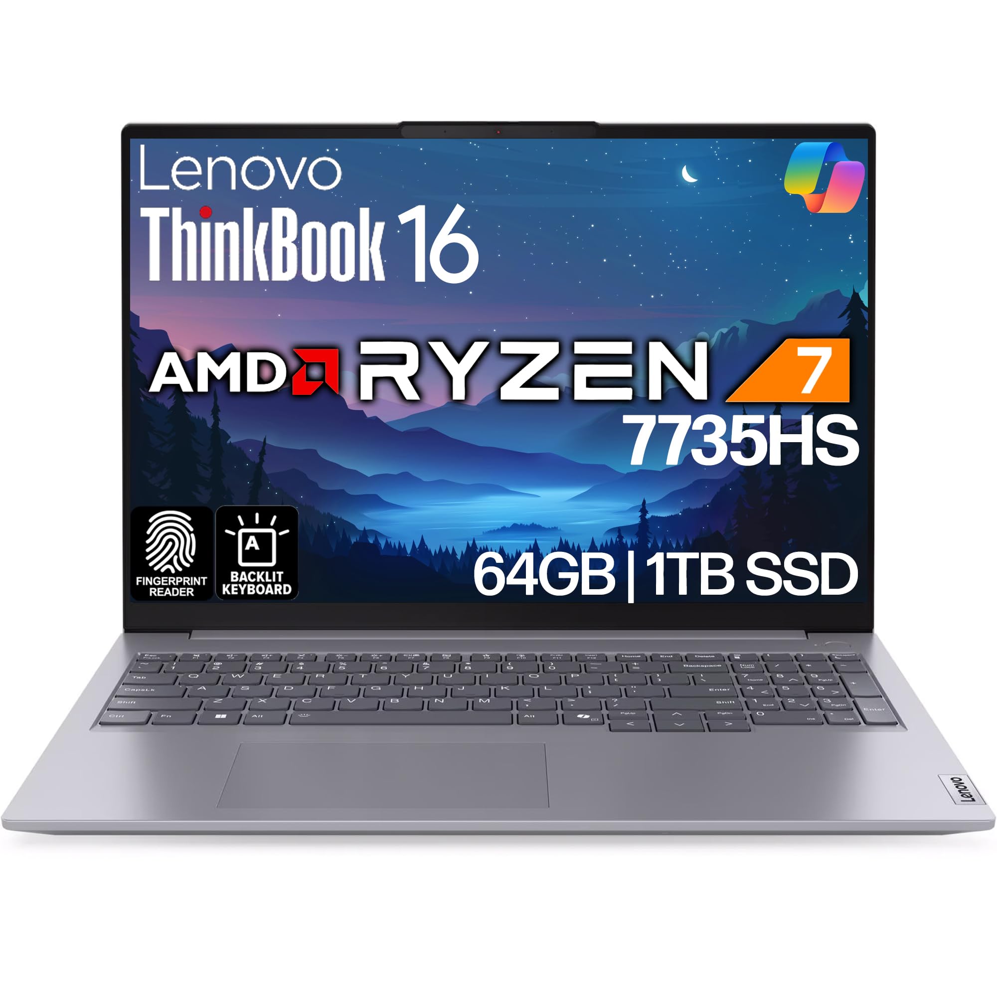 لپ تاپ تجاری Lenovo ThinkBook 16 G7، صفحه نمایش 16 اینچی FHD+، AMD Ryzen 7 7735HS، 64GB DDR5، 1TB NVMe، WiFi 6E + BT، صفحه کلید با نور پس‌زمینه، خواننده اثر انگشت، وب‌کم HD، ویندوز 11 Pro 64GB DDR5 | 1TB NVMe AMD Ryzen 7 7735HS