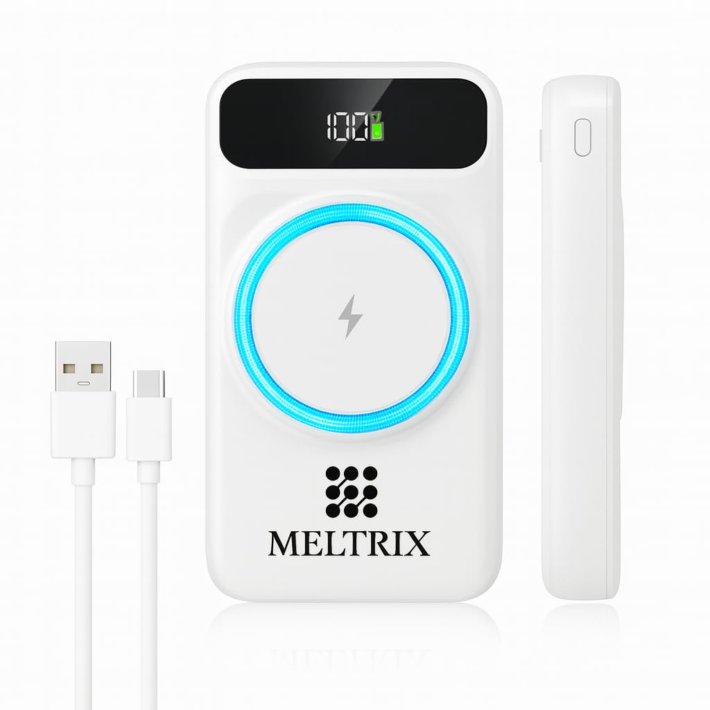 پاور بانک MELTRIX 20000mAh - شارژ سریع 22.5 وات، شارژر بی‌سیم 15 وات، 4 کابل داخلی، نمایشگر LCD، پیوستن مغناطیسی، 2 پورت Type-C، برای آیفون/اندروید - سفید