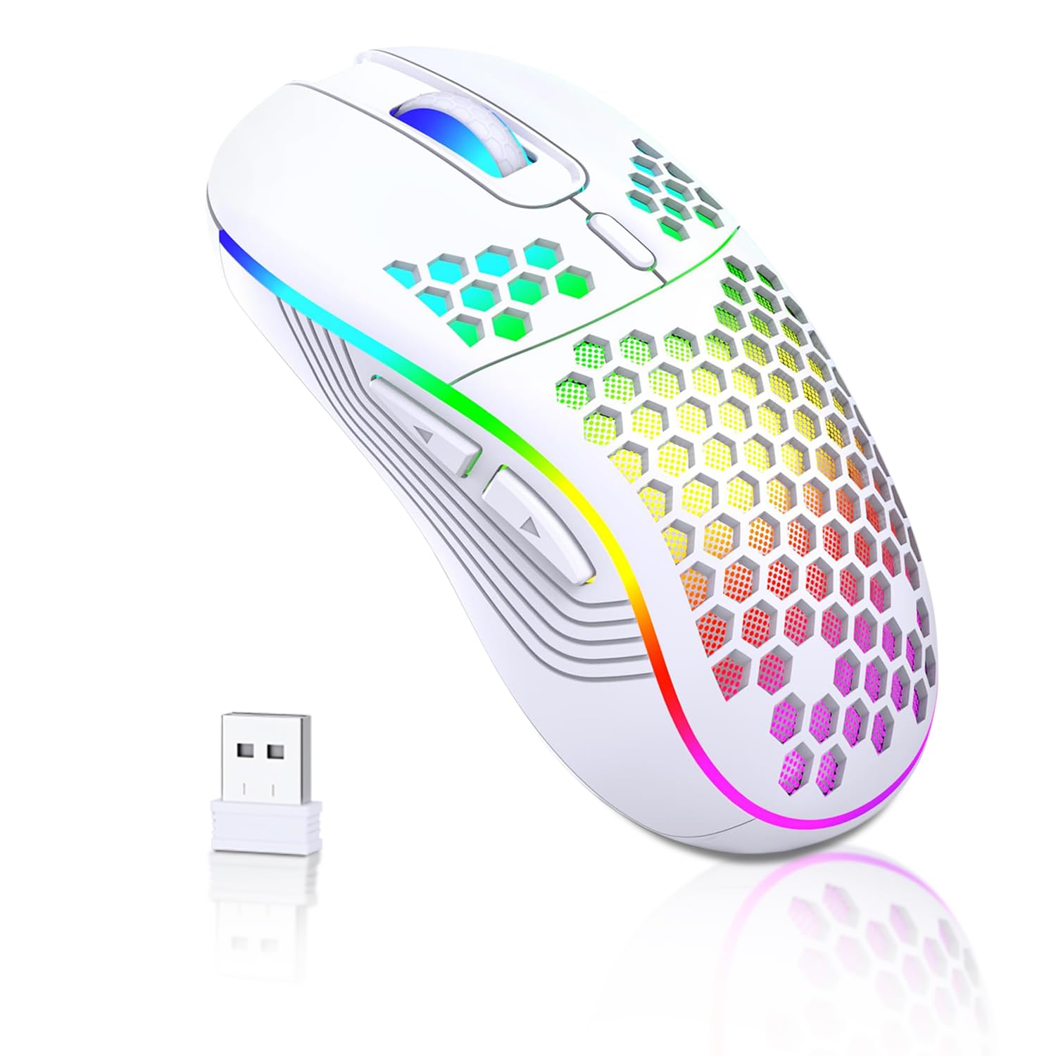 موش موسیقی بی‌سیم، موش بازی USB ویکوبا، شارژی/نور پس‌زمینه RGB 6 دکمه قابل تنظیم طراحی سبک عسلی با سوراخ‌های خالی/موش ارگونومیک/برای مک، لپ‌تاپ، کامپیوتر، PC(بی‌سیم سفید)