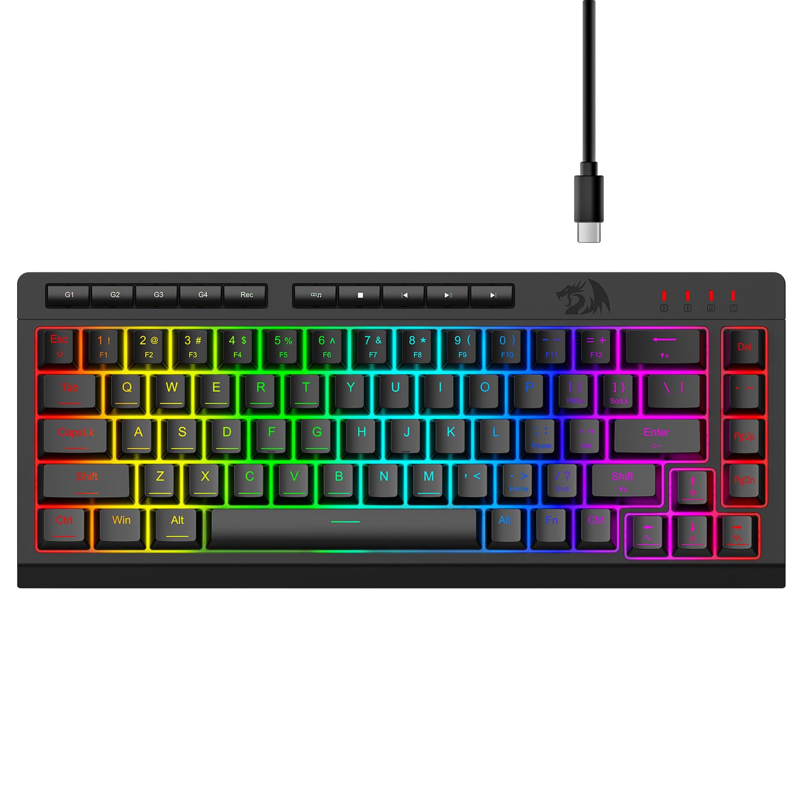 کیبورد بازی Redragon K519 RGB باسیم، کلیدهای اضافی ماکرو داخلی، کلیدهای چندرسانه‌ای اختصاصی، ضد فانتوم، نورپردازی RGB، پشتیبانی از نرم‌افزار، کیبورد ممبرین ساکت قابل حمل 60%، مشکی