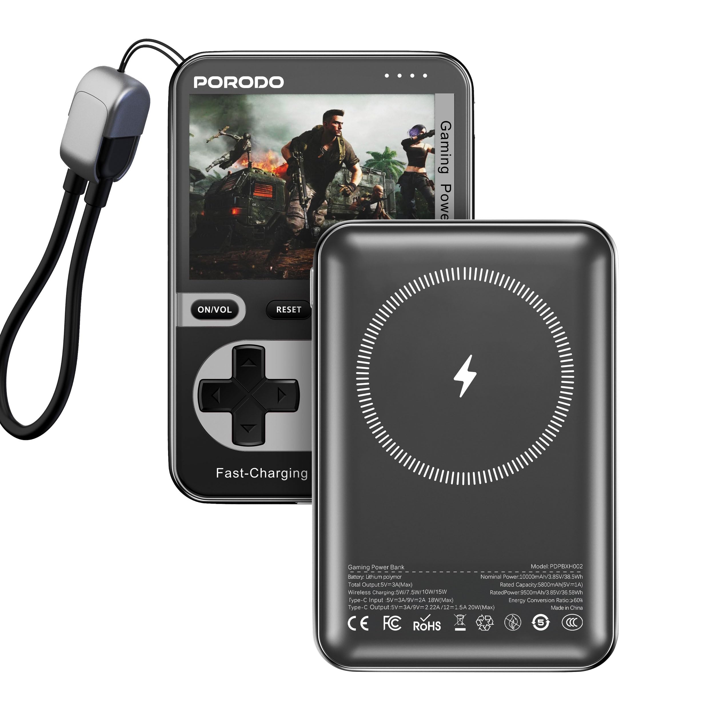 پاوربانک و کنسول بازی Porodo Arcadevolt 10000mAh (بیش از 100 بازی کلاسیک)، سازگار با MagSafe، خروجی شارژ سریع 20 وات PD، قابلیت استفاده به عنوان پاوربانک، کابل دست بند Type-C، شارژ بی سیم 15 وات - رنگ مشکی 10000mAh