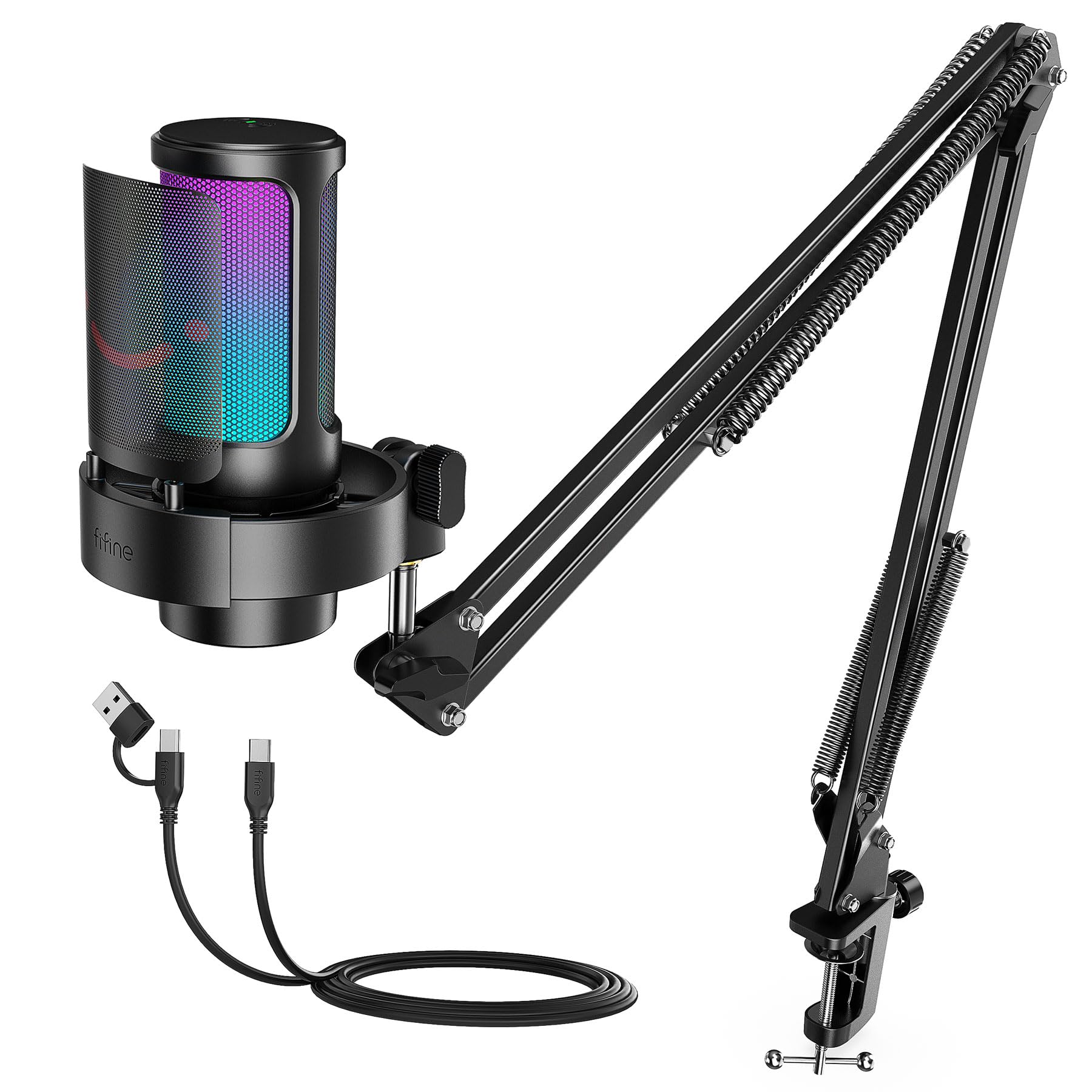 میکروفون بازی USB FIFINE Kit، میکروفون استریمینگ PC با نورهای RGB، دکمه بی‌صدا، دکمه تنظیم تقویت، بازوی فلزی برای ضبط پادکست، میکروفون کاندنسر ست کامپیوتر مناسب برای PS4/PS5 - AmpliGame A8T