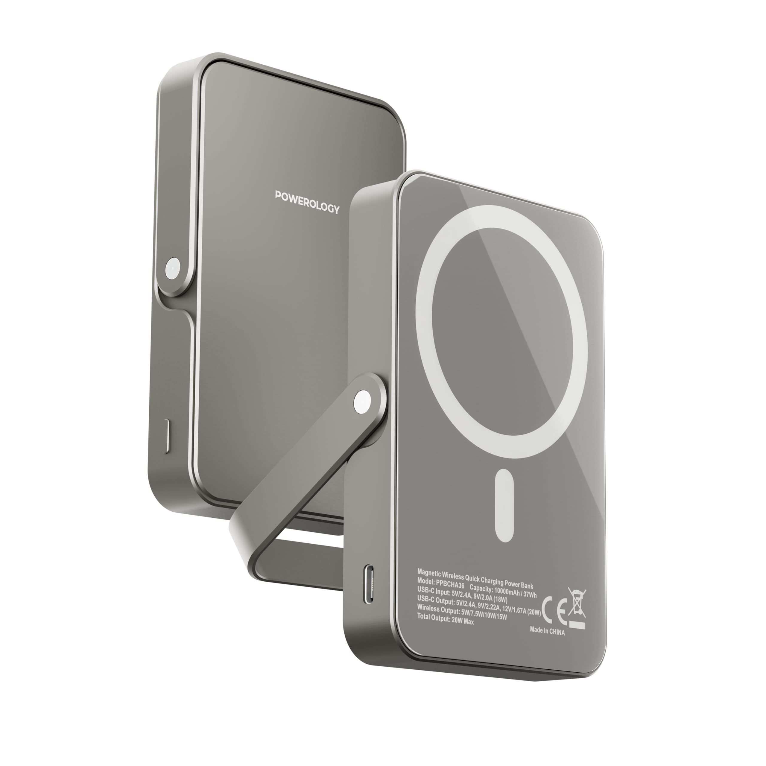 Powerology 10000mAh Compatible with MagSafe Power Bank, Built-in Stand, Glass Surface, 20W PD Fast Charging, 15W Wireless Output, Compatible with iPhone 16/15/14/13, S25/S24/S23, Xiaomi (Titanium)