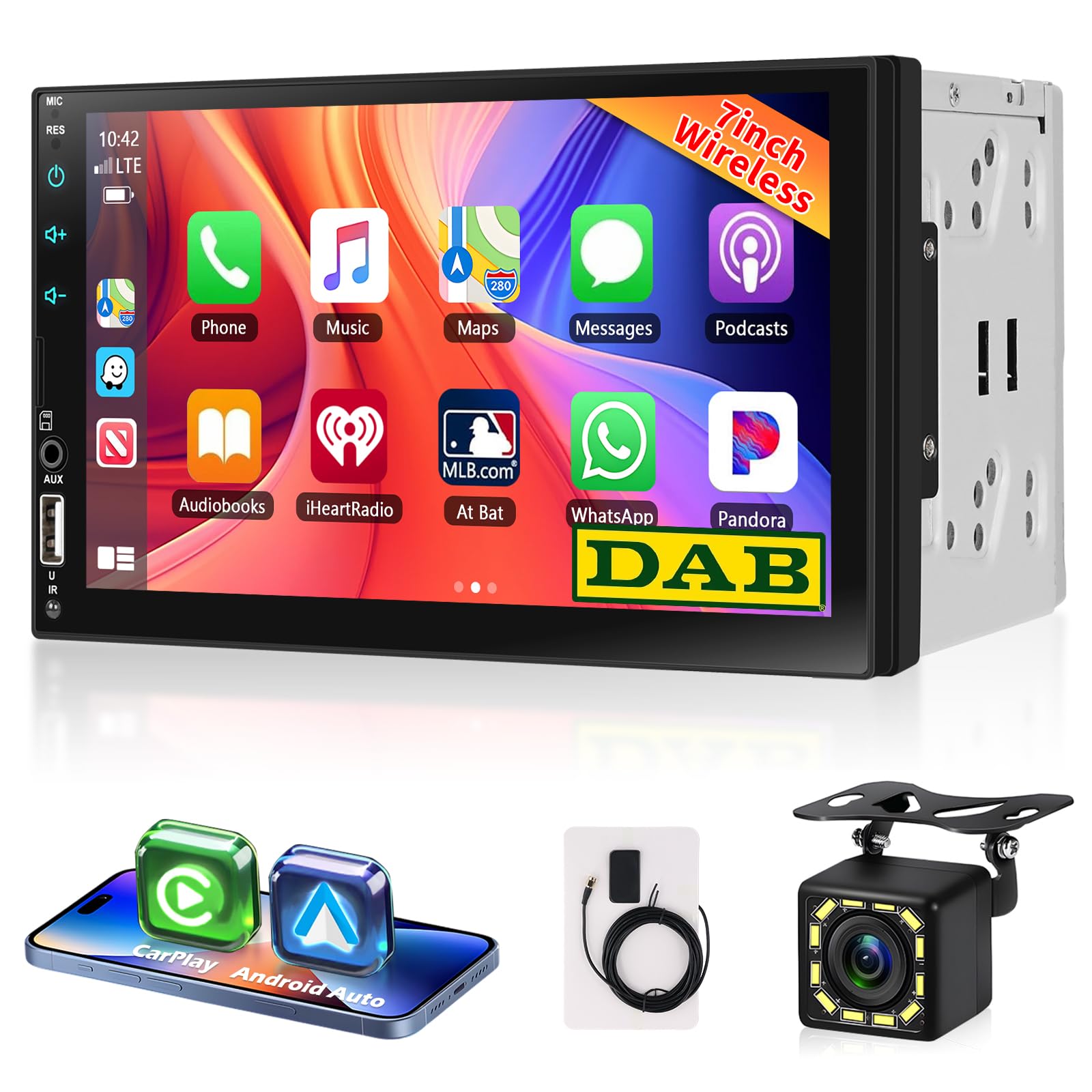 DAB 2Din رادیوی اتومبیلی Carplay Car با بلوتوث 5.2 ، موتورسی 7 اینچ صفحه نمایش IPS بی‌سیم اندروید استریو اتومبیلی MP5 Player: MirrorLink ، FM ، USB ، EQ ، SWC ، تقویم ، شارژ ، کنترل از راه دور + دوربین عقب