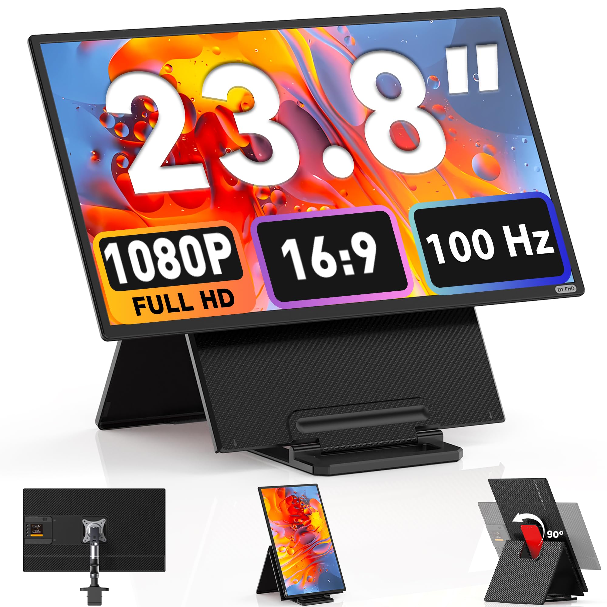 صفحه نمایش لپ تاپ دوگانه Kwumsy 23.8 اینچ برای تمامی لپ تاپ ها با کیفیت تصویر فول اچ‌دی 1080پی، نرخ تازه‌سازی 100هرتز و پوشش رنگی 120% sRGB که از چرخش 90درجه، تنظیم ارتفاع، قابلیت تاشو و طراحی مغناطیسی پشتیبانی می‌کند. دو صفحه نمایش 23.8 اینچی-1080پی.