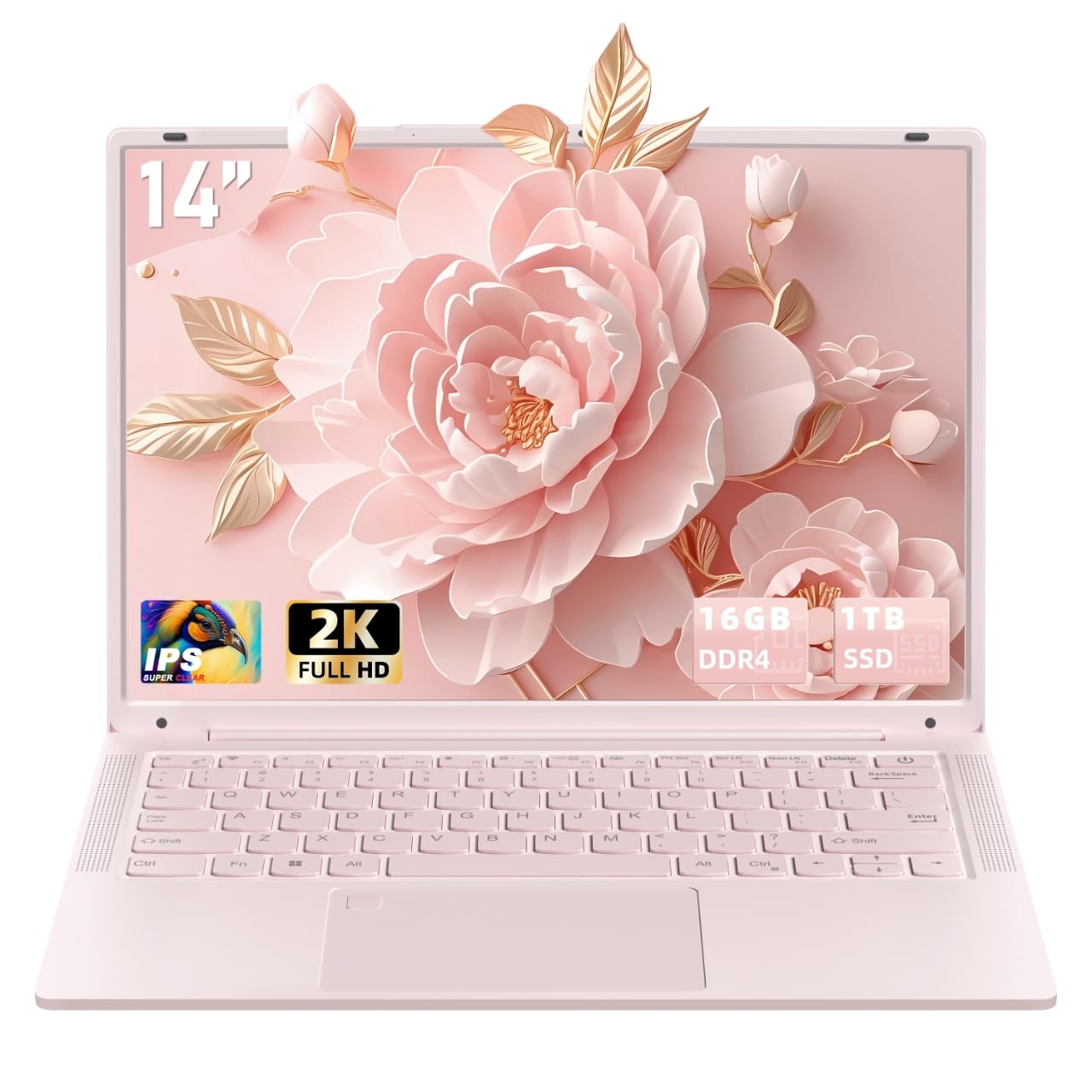لپتاپ صورتی 14 اینچ با 16 گیگابایت رم DDR4 و 1 ترابایت حافظه SSD، نمایشگر 2K UHD (2160 * 1440) IPS، پردازنده سلرون N150 (تا 3.6 گیگاهرتز)، ویندوز 11، کامپیوتر قابل حمل/WiFi 5، Type-C، دوربین 3 مگاپیکسل، باتری 6000 میلی آمپر، بلوتوث 5.0، حسگر اثر انگشت (16G+1TB) 16G+1TB صورتی