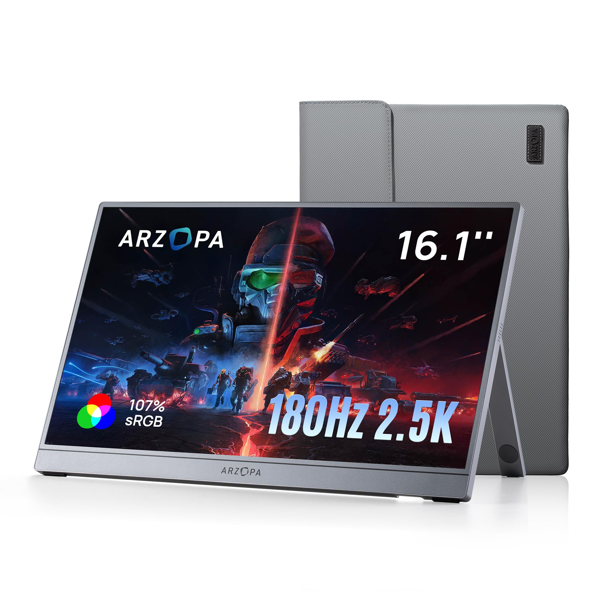 صفحه نمایش قابل حمل ARZOPA 16.1 اینچ 180Hz 2.5K، با رزولوشن 2560x1440 QHD، 107٪ sRGB، دارای پایه‌ی قابل تنظیم، مناسب برای بازی با کیفیت و HDR، بسیار نازک، با محافظت از چشم، صفحه نمایش خارجی دوم برای لپ تاپ، کامپیوتر شخصی، PS5، مک، ایکس‌باکس - مدل Z3FC 16.1 اینچ Z3FC/180Hz 2.5K