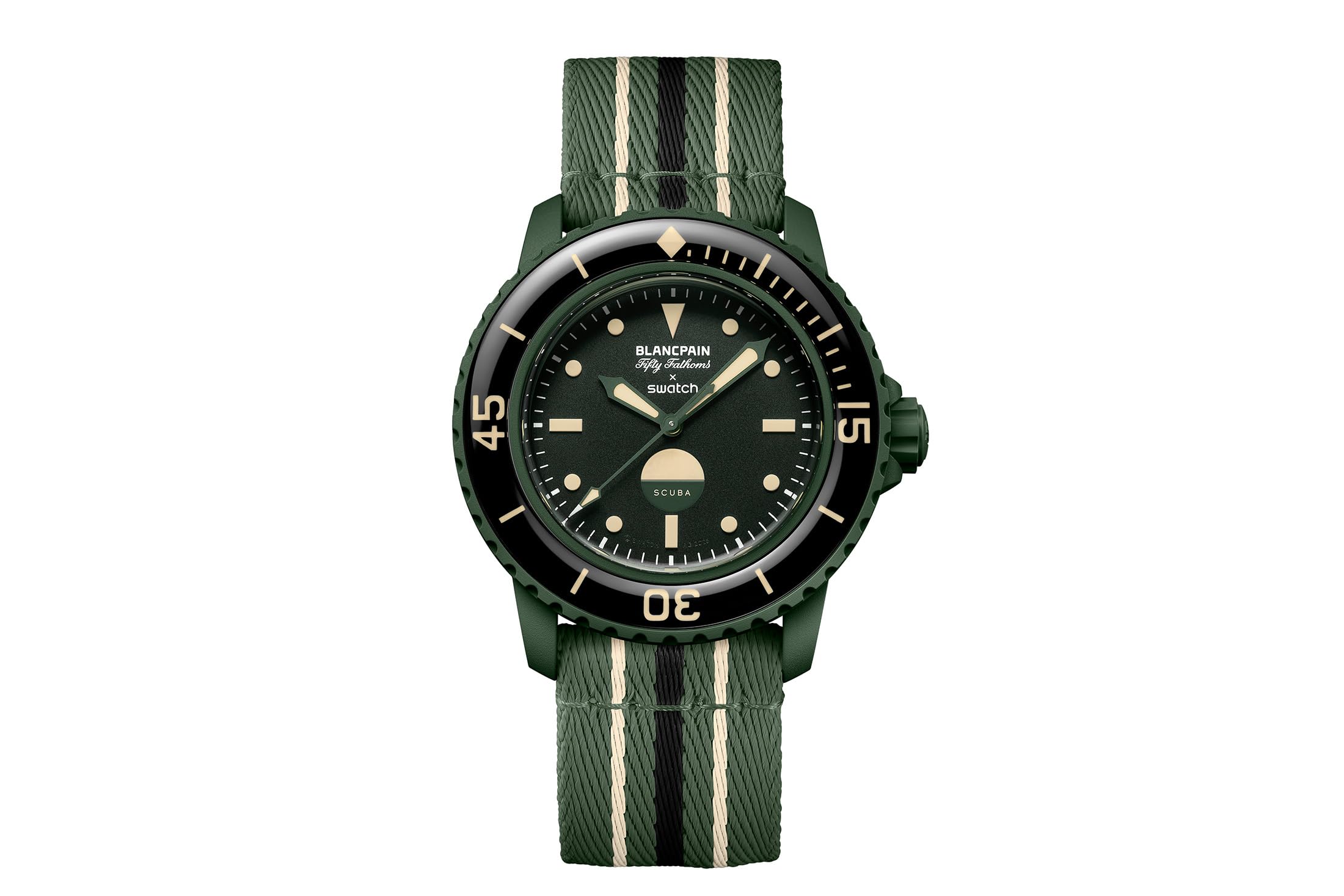 مجموعه Swatch Bioceramic Scuba Fifty Fathoms ، ساعت اتوماتیک ، حرکت SISTEM51 ، مقاوم در برابر آب تا ۹۱ متر ، رنگ‌های الهام گرفته از اقیانوس ، Green Abyss