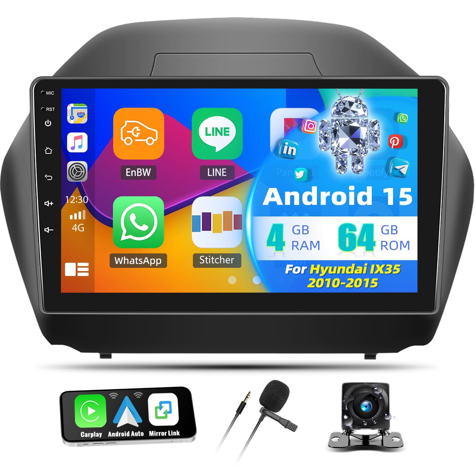 رادیو خودرو 4+64G اندروید 15 برای هیوندای IX35 2010-2015، صفحه نمایش لمسی 10.1 اینچی با CarPlay و اندروید کار، بلوتوث خودرو DSP/GPS وای فای 32EQ+ دوربین عقب AHD