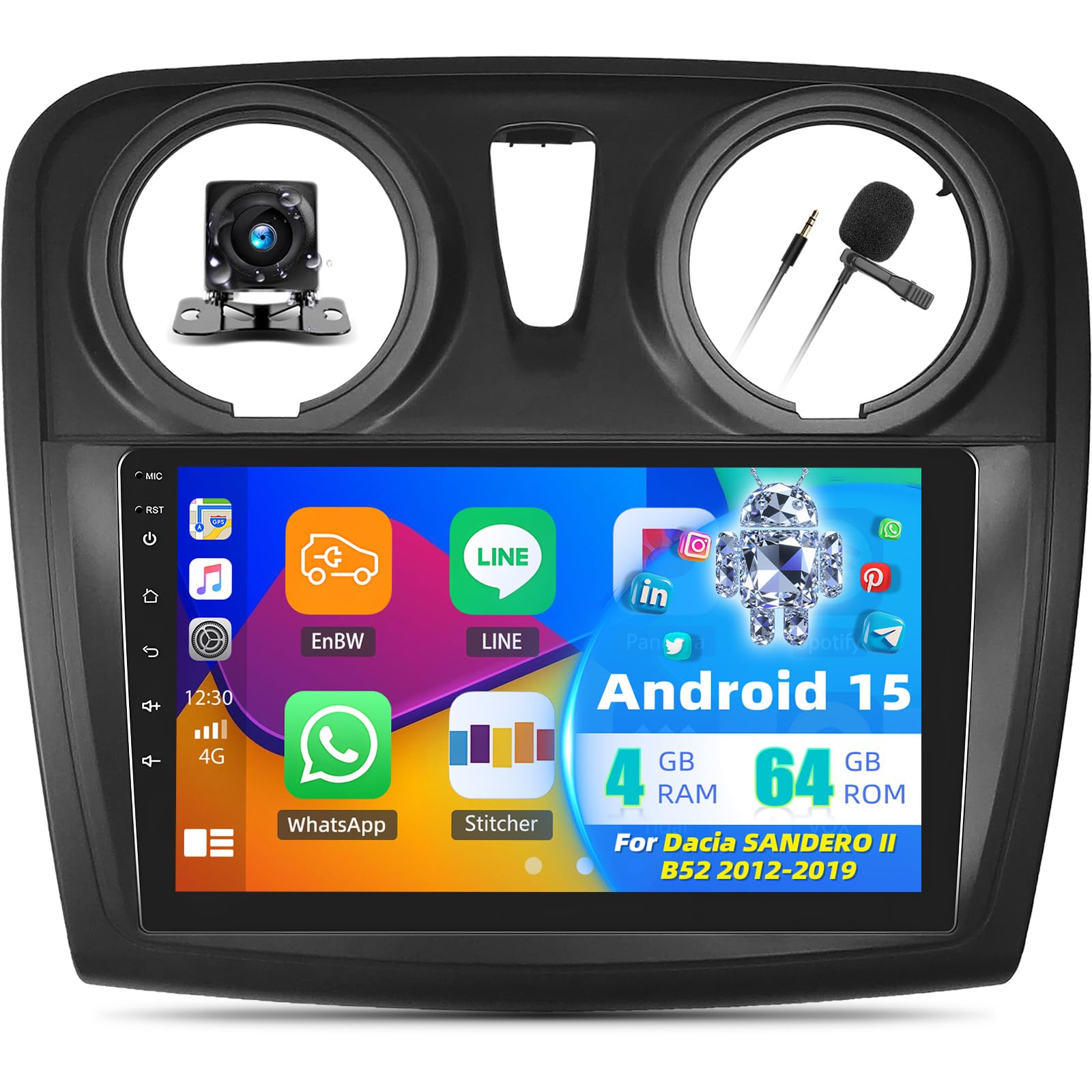 رادیو خودرو 4+64G اندروید 15 برای داسیا ساندرو II B52 2012-2019، یک برنامه نویس لمسی 9 اینچی با GPS در داشت، دستگاه سربه‌سر CarPlay و اندروید خودرو بلوتوث DSP/GPS WiFi 32EQ+ دوربین نمای عقب AHD