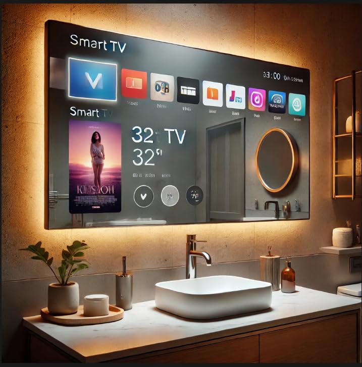 تلویزیون آب‌گردان Elecsung 43 اینچ با IP65 ضدآب و LED روشنایی، تلویزیون آی‌پی 4K اولترا HD آینه مدرن با وانیتی، تلویزیون هوشمند، برنامه‌های داخلی برای ایستگاه آرایش و اسپا