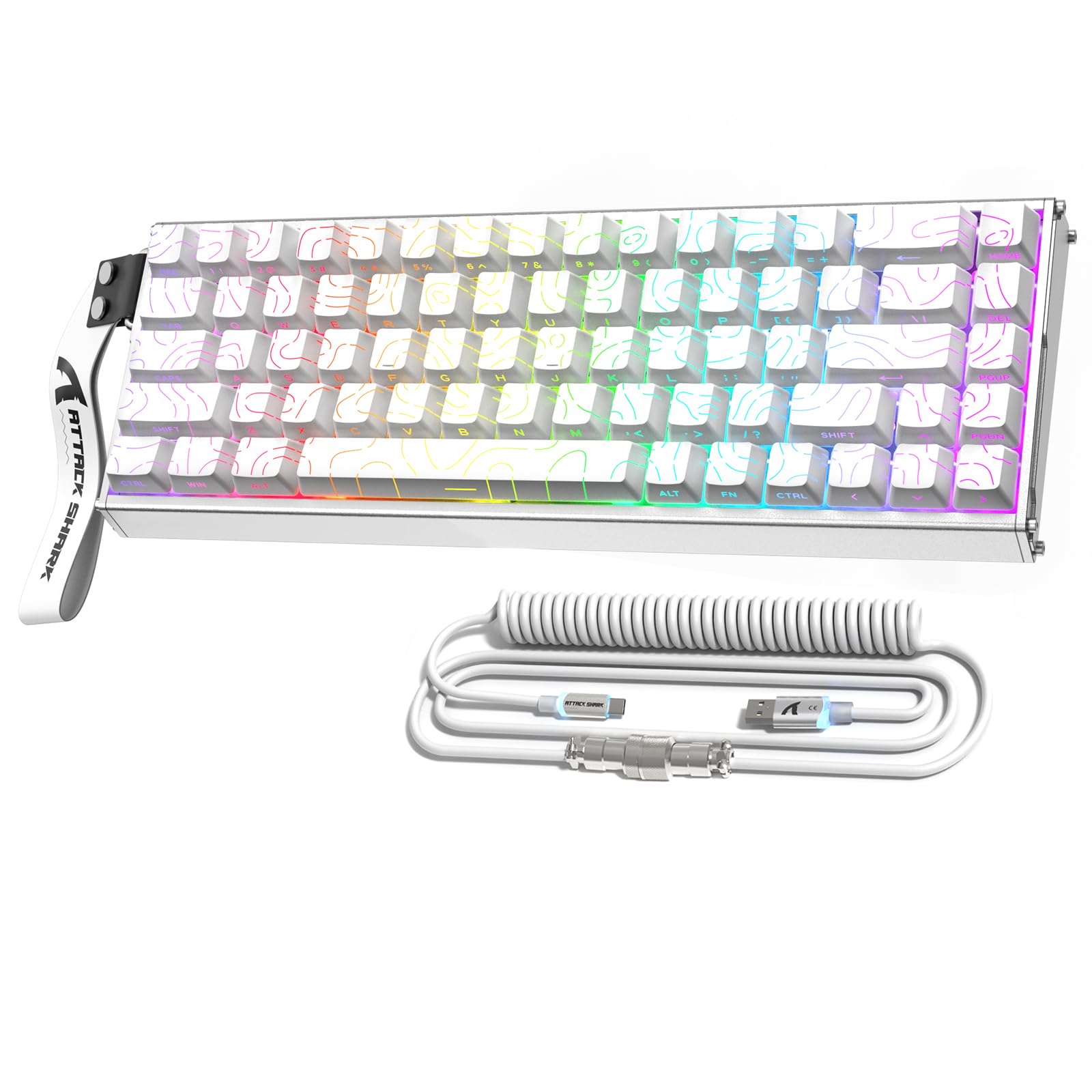 کیبورد گیمینگ RGB با سوئیچ مغناطیسی ATTAK SHARK X68MAX HE از آلومینیوم کامل CNC با بازوی تریگر سریع 8KHz ، قابل تنظیم با فعالسازی 0.005 میلیمتری ، با کابل اولترال C01 و Snap Tap (خطوط سفید)