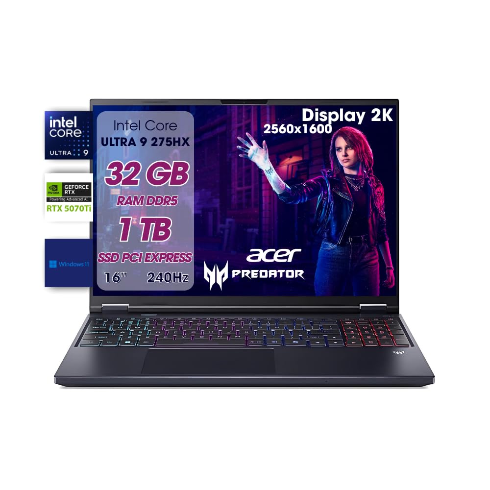 Acer Predator Helios Neo 16 AI بازی کامپیوتر، نوت بوک بازی Ultra 9 275HX، 32GB RAM DDR5، SSD 1TB PCIe، صفحه نمایش 16 اینچ WQXGA با فرکانس 240Hz، NVIDIA GeForce RTX 5070 Ti 12GB GDDR7، صفحه کلید لپ تاپ با نور پس زمینه RGB، W11