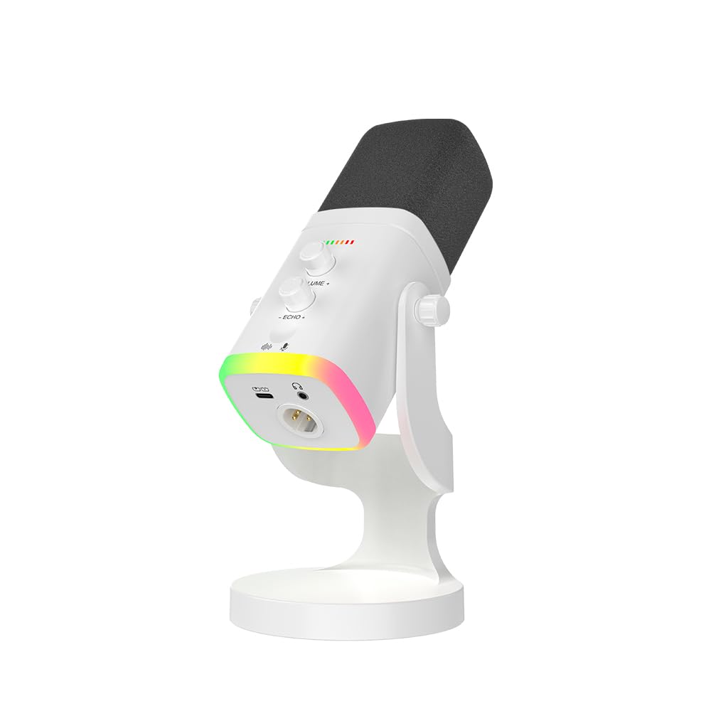 میکروفون بازی دینامیک کامپیوتری سفید Nuoxiange YU8، با کاهش نویز دو حالته USB/XLR و نور RGB برای کنسول‌های بازی/دستگاه‌های هوشمند، مناسب برای استریمینگ تیک تاک/یوتیوب/تویچ و ضبط تجهیزات