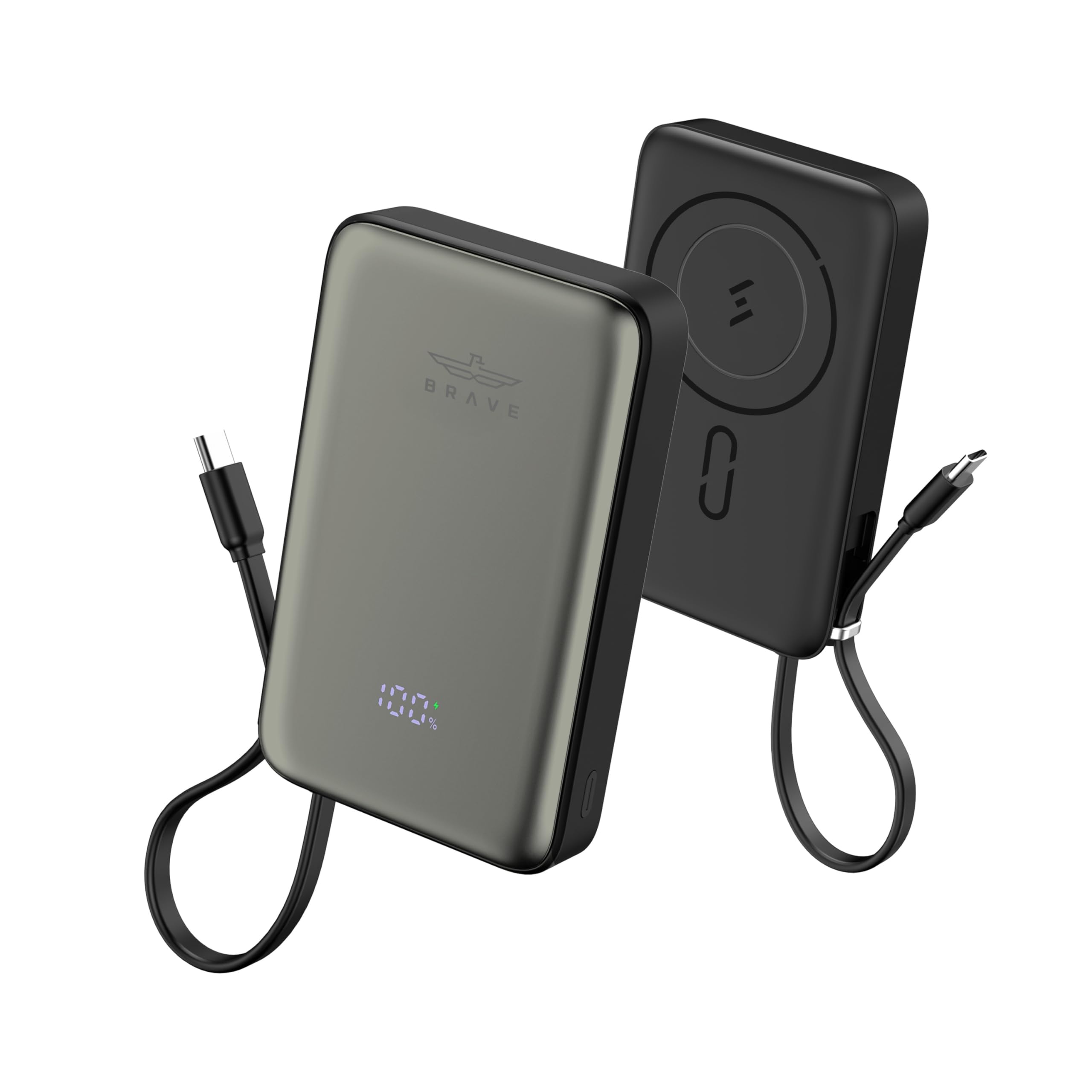 منبع تغذیه مغناطیسی BRAVE MAGPOW ULTRA 10,000mAh با کابل USB-C داخلی، شارژ سریع تا 20 وات، نمایشگر دیجیتال LED، خروجی 15 وات مغناطیسی MagSafe بی‌سیم برای آیفون 16 Pro Max، BP-26B (سیاه) 10K-20W-مغناطیسی-با-کابل-نمایشگر سیاه/خاکستری