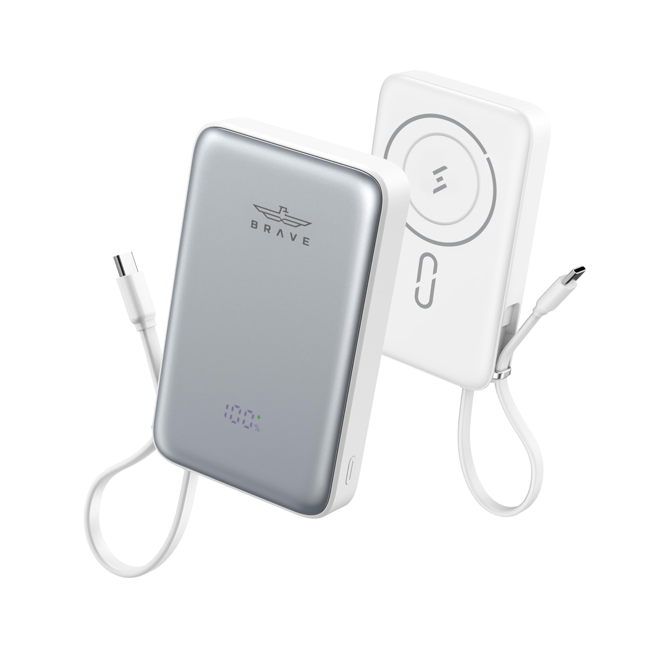 پاور بانک مغناطیسی BRAVE MAGPOW ULTRA 10,000mAh با کابل USB-C داخلی، شارژ سریع تا 20 وات، نمایشگر دیجیتال LED، خروجی 15 وات، پاور بانک بی‌سیم MagSafe برای آیفون 16 پرو مکس، BP-26W (سفید) 10K-20W-Magnetic-W/Cable-Display سفید/خاکستری