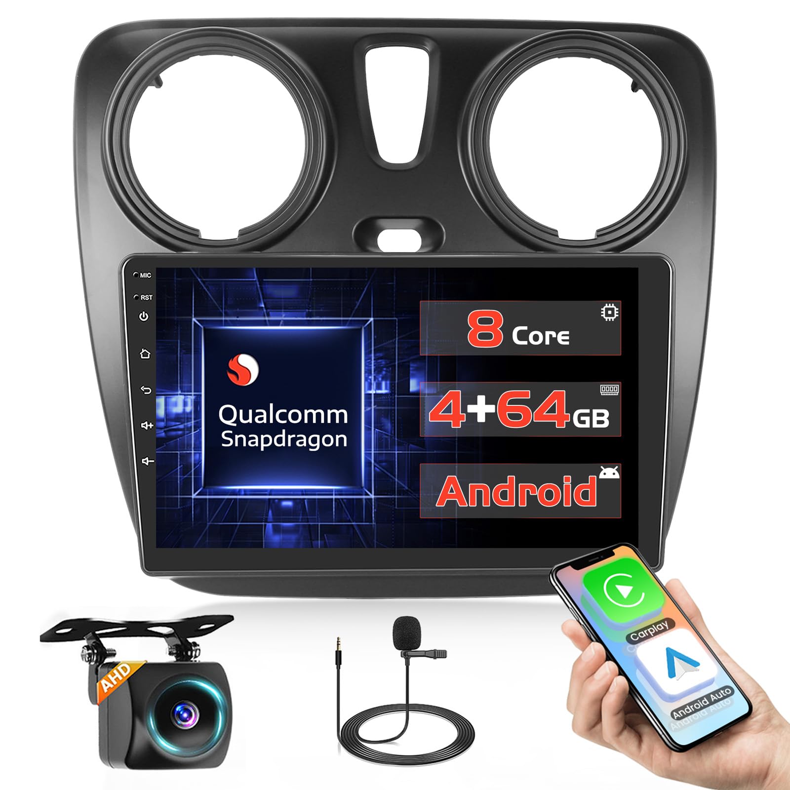 Qualcomm: رادیو خودروی 15 اینچی با 8 هسته 4 + 64 گیگابایت برای رنو لادژی 2021 / دوکر 2020-2012 با اندروید، قابلیت Carplay بی‌سیم، صفحه نمایش تاچ اسکرین 9 اینچی، فن خنک‌کننده رادیو/ GPS/ بلوتوث/ وای‌فای/ دوربین دنده عقب/ DSP/ FM/ RDS/ SWC