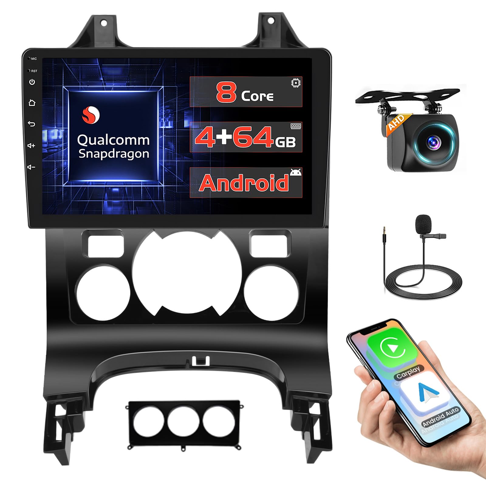 Qualcomm 8 Core 4 + 64 گیگابایت اندروید 15 رادیو خودرو برای پژو 3008 2009-2015 با Carplay بی‌سیم اندروید، رادیو صفحه لمسی 9 اینچی مدل خودرو 3D/پنكه خنك كننده/جی‌پی‌اس/بلوتوث/وای‌فای/دوربین عقب/DSP/این‌اف‌ام/آردی‌اس/کنترل‌های استیرین