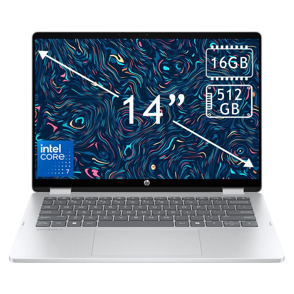 لپ تاپ 2 در 1 HP OmniBook 5 Flip ، صفحه نمایش لمسی 2K با اندازه 14 اینچ ، Intel Core i7 1150U ، 16 گیگابایت RAM ، 512 گیگابایت SSD ، صفحه کلید با نور پس زمینه ، باتری 21.5 ساعته ، ویندوز 11 ، رنگ نقره ای یخ زده (ارتقا یافته)