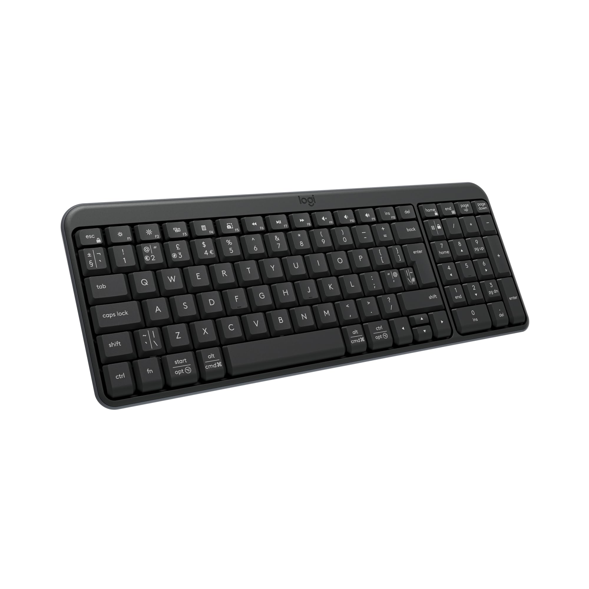 صفحه کلید بلوتوث Logitech K250 با قابلیت پد عددی، اتصال آسان، صفحه کلید بی‌سیم کوچک با استفاده از پلاستیک بازیافتی، مقاوم در برابر ریزش‌های مایعات، کلیدهای راحت - سازگار با ویندوز/مک‌اواس، صفحه کلید ARA - گرافیت