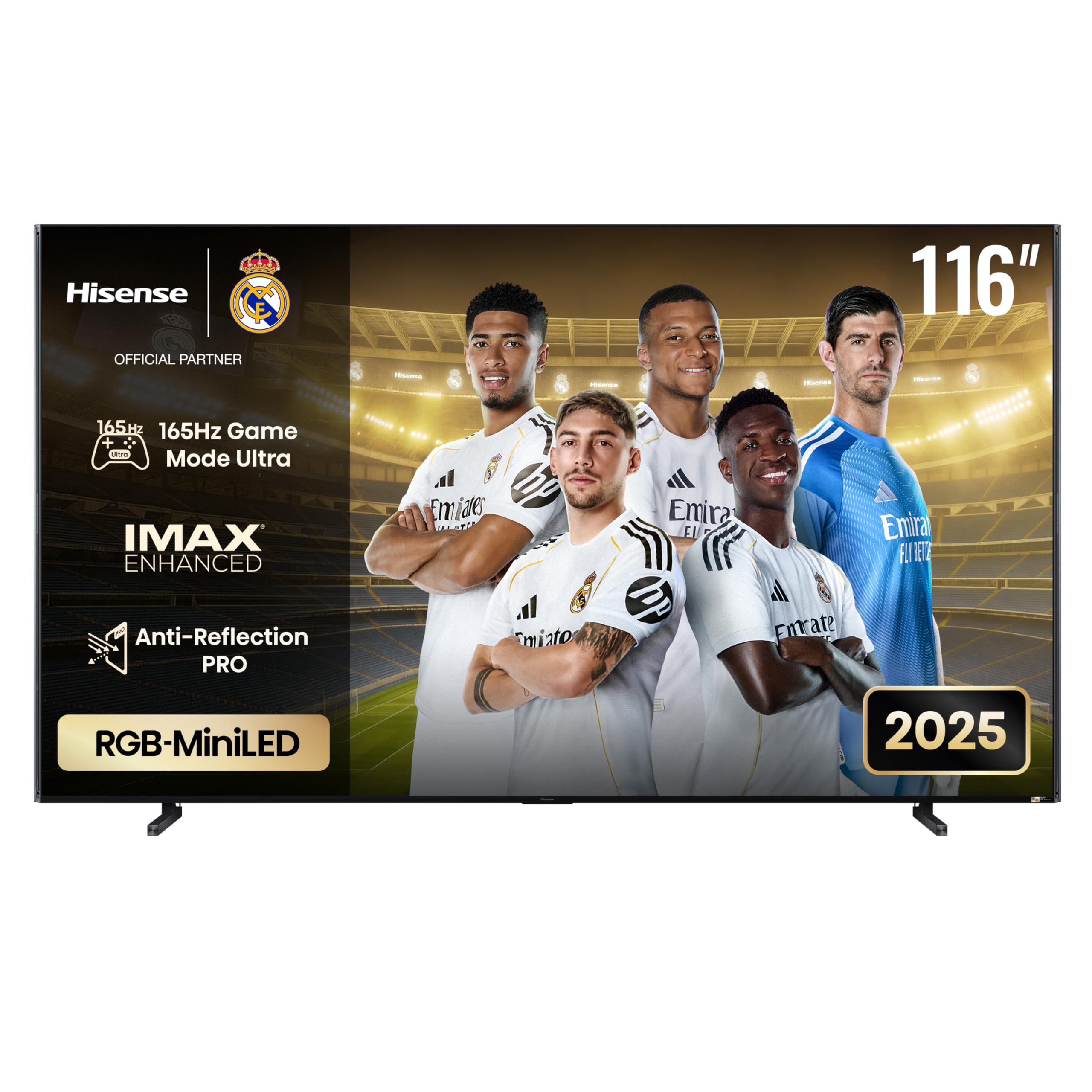 تلویزیون مینی LED RGB هایسنس 116UX 165Hz VRR 4K هوشمند، روشنایی 8،000 نیت، Dolby Vision، Dolby Atmos، HDR10+، HLG، 102 وات 6.2.2 سینه استیج ایکس سراند، AMD Freesync Premium Pro 116UX (نسخه 2025 امارات متحده)