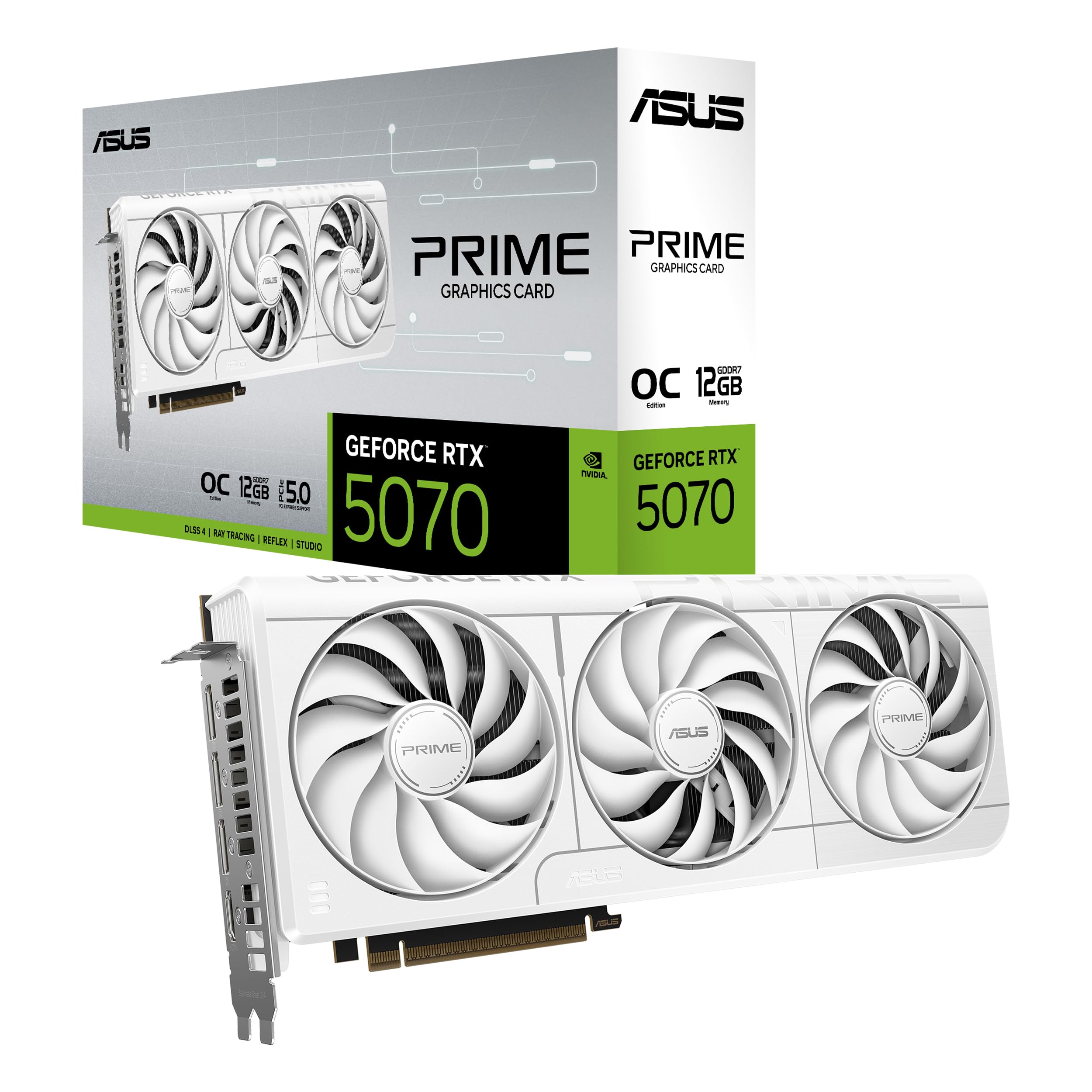 ASUS کارت گرافیک GeForce RTX™ 5070 با ۱۲GB GDDR7 سفید، نسخه OC، سازگار با SFF (PCIe® ۵.۰، HDMI®/DP ۲.۱، ۲.۵-اسلات، فن‌های Axial-tech، دو بایوس)