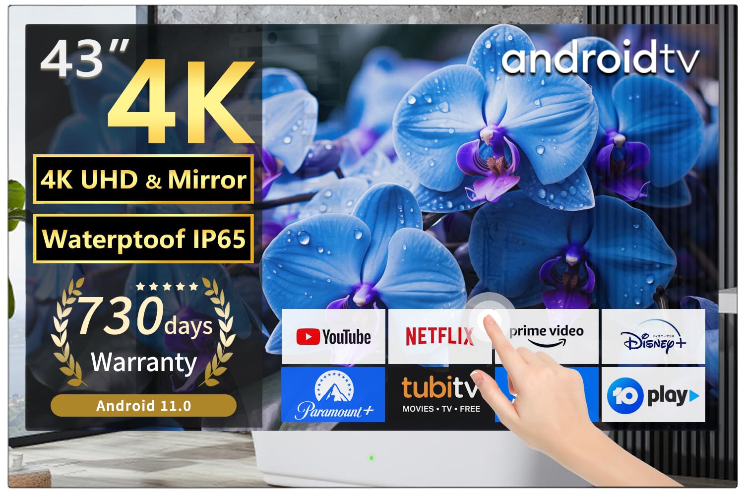 تلویزیون هوشمند LED آینه حمام Elecsung 43 اینچ 4K UHD با صفحه نمایش لمسی Android 11.0 و ویژگی‌های کامل لمسی، ضدآب، WiFi، بلوتوث و تمام لمسی 43 اینچ، 43 اینچ لمسی تلویزیون آینه
