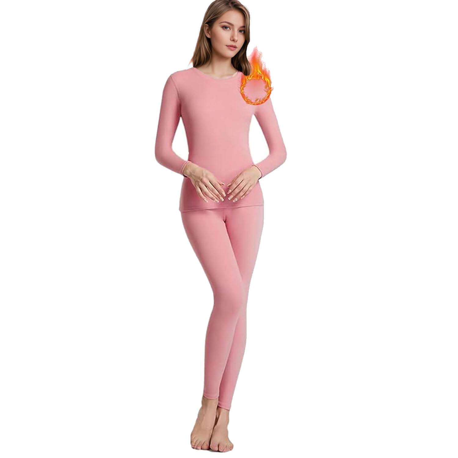 Thermal Underwear for Women Warm Base Layers Soft Long Johns Leggings Fleece Lined Sleepwear Top Bottom Pajama Set Winter Cold Weather Snow Slim Fit Shirts Lightweight Skiing Yoga Training XL Pink A