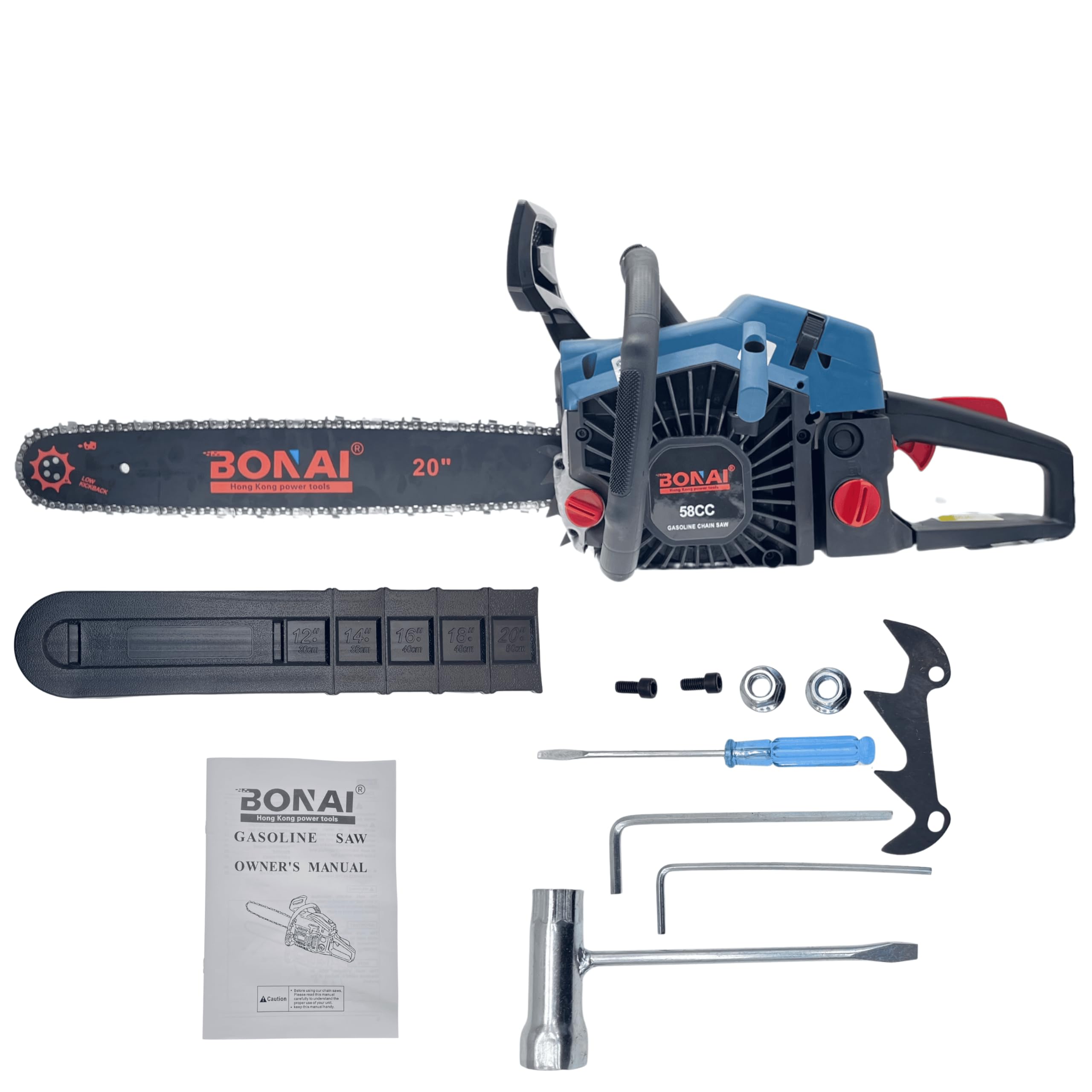 BONAI 58CC Gasoline Chainsaw 20-Inch, Heavy Duty Petrol Tree Cutter, 2-Stroke Air-Cooled Engine, Low Kickback, Outdoor Wood Cutting Tool- BN-HK66-20