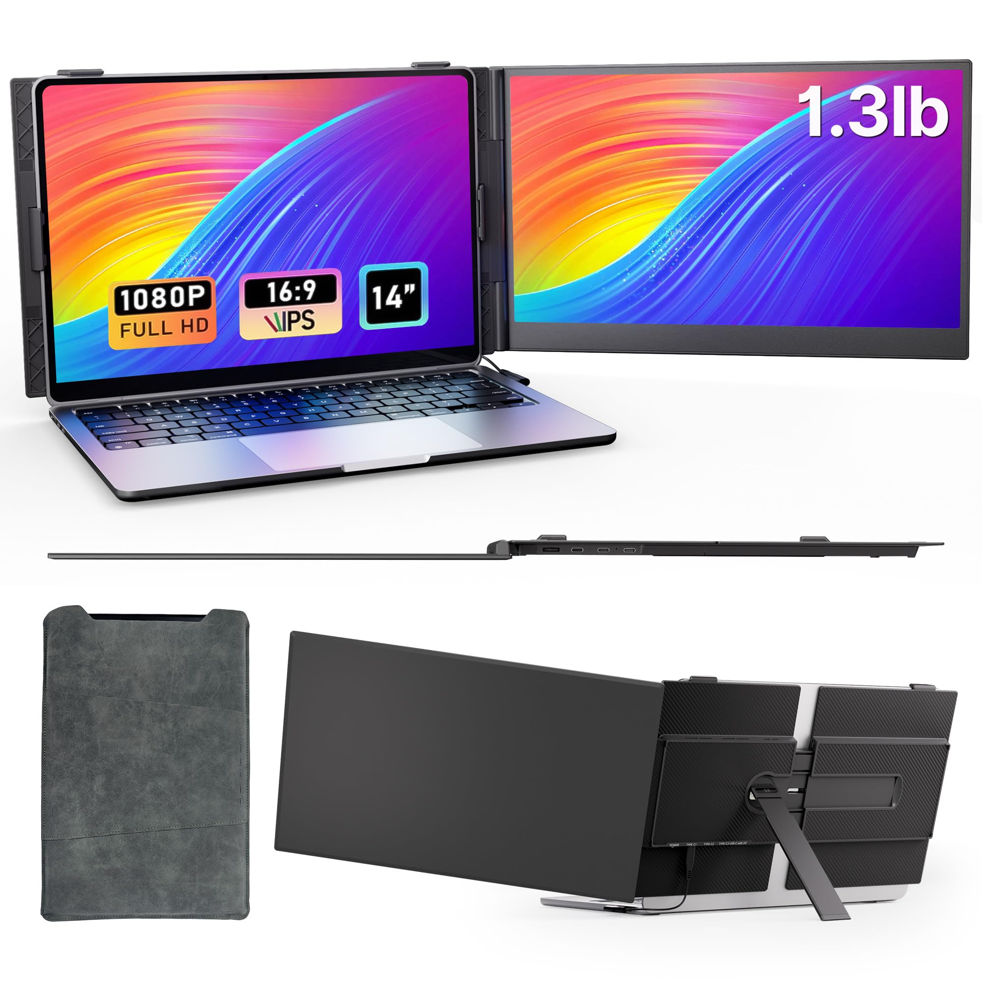 افزایش دهنده صفحه نمایش لپتاپ - مانیتور قابل حمل دو پورتابل با وزن بسیار کم 1.3 پوند ورق 14 اینچی FHD IPS برای لپتاپ، اتصال پلاگ اند پلی برای لپتاپ‌های 13-17 اینچی، صفحه نمایش اضافی دوم برای سفر برای ویندوز/مک/اندروید