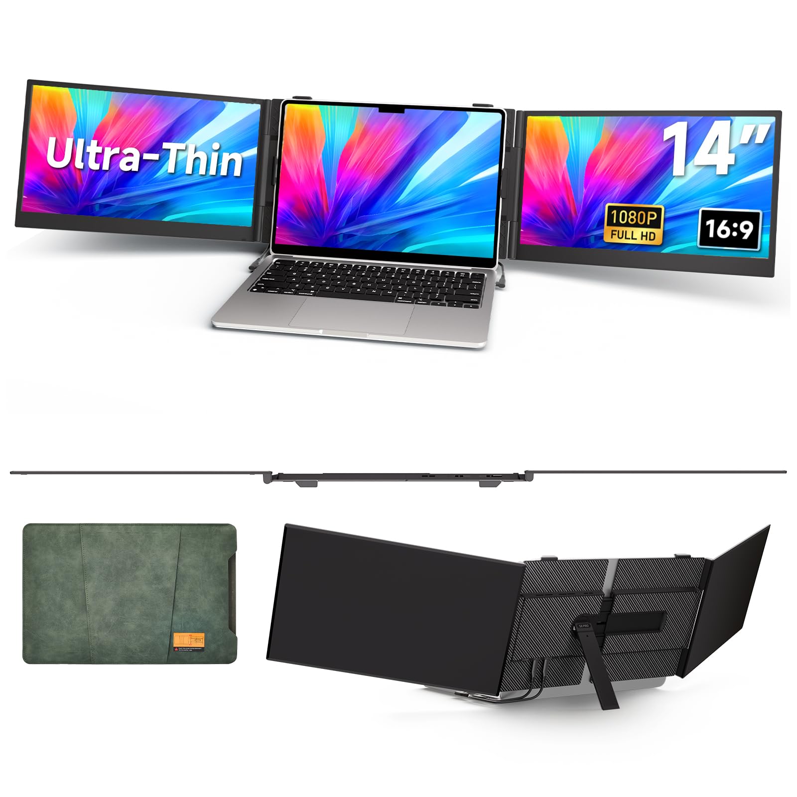 DisplayGo سه بار توسعه دهنده صفحه نمایش لپ تاپ - مانیتور باریک فوق العاده نازک با کیفیت تصویر IPS FHD 1080P برای لپ تاپ‌های 13 "-17" قابل استفاده با ویندوز، مک، کروم، سطح سفر کاری مدرن.