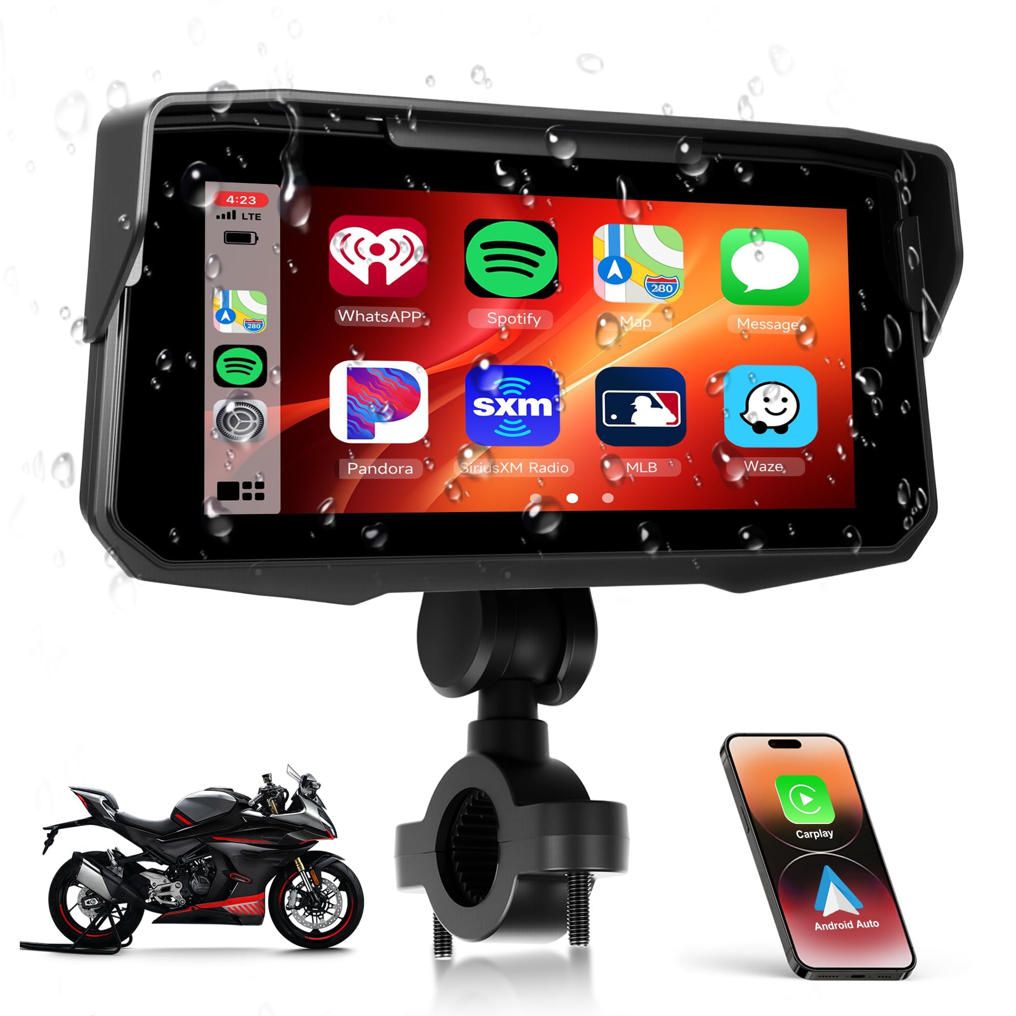 رادیو قابل حمل خودروی موتورسیکلت با Carplay، صفحه لمسی 6.86 اینچ، ضدآب IP68 با سیستم عامل اندروید، Airplay اتومبیلی، Cast اندروید، بلوتوث، مانیتورینگ فشار تایر، تنظیم خودکار روشنایی/TF EQ
