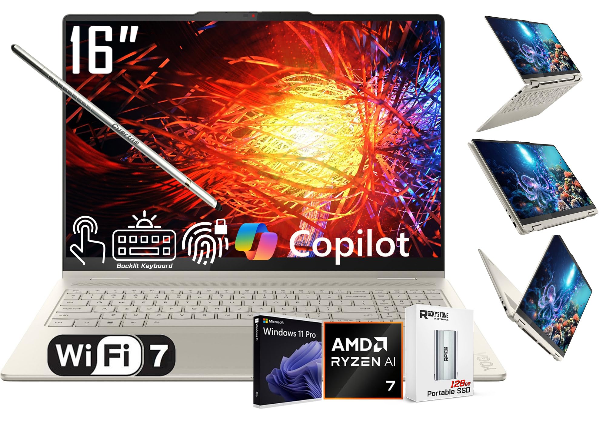 لپ تاپ 2 در 1 لنوو یوگا ۷ AI Copilot+، صفحه نمایش لمسی 2K LCD ۱۶ اینچی، AMD Ryzen 7 350 نویزده هسته‌ای AI، ۱۶ گیگابایت LPDDR5X، ۱ ترابایت حافظه جامعه SSD، WiFi ۷، صفحه کلید دارای نور پس‌زمینه، اثر انگشت، وبکم 1080P، همراه با ۱۲۸ گیگابایت PSD، ویندوز ۱۱ PRO. ۱۶ گیگابایت رایزن AI ۷ | ۱ ترابایت SSD | ویندوز ۱۱ PRO