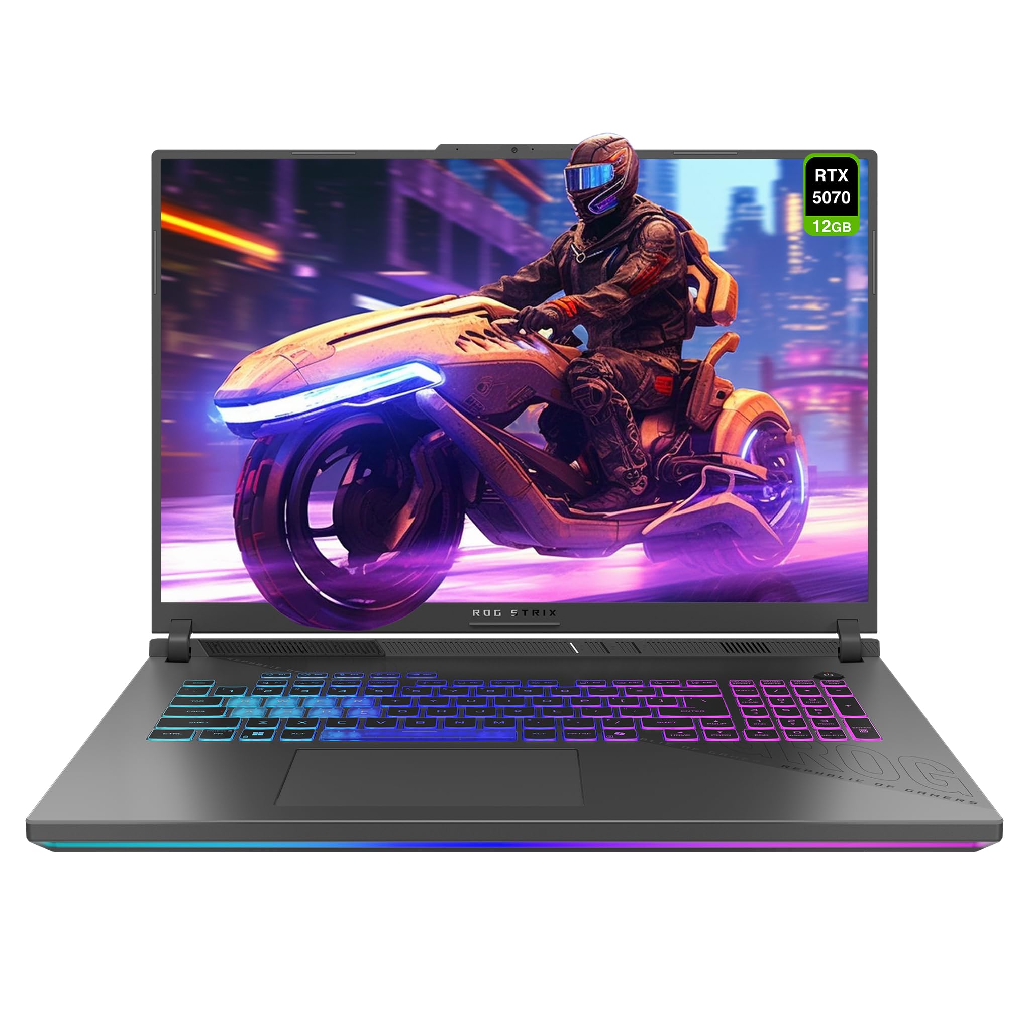 لپ تاپ بازی ASUS ROG Strix G18، AMD Ryzen 9-9955HX، 32 گیگابایت رم DDR5، 2 ترابایت حافظه جانبی PCIe SSD، صفحه‌نمایش 2.5K اینچی (2560x1600) با فرکانس 240 هرتز، Nvidia GeForce RTX 5070، صفحه کلید RGB با 4 منطقه، ویندوز 11 خانگی، رنگ خاکستری اسکلیپس. 32 گیگابایت رم | 2 ترابایت حافظه جانبی SSD ویندوز 11 خانگی