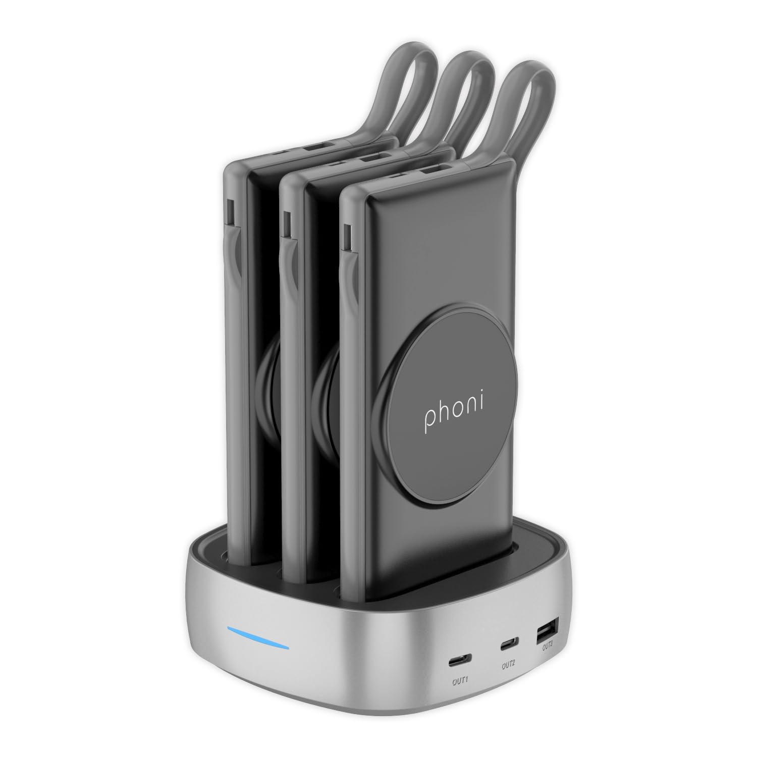 شارژر بی‌سیم مغناطیسی ۳ در ۱ Phoni و پاور بانک ۱۰۰۰۰mAh با USB-C داخلی و کابل‌های Micro USB، سازگار با دستگاه‌های Lightning، اپل، سامسونگ، نوکیا، هواوی و اپو (رنگ مشکی شیب‌دار)