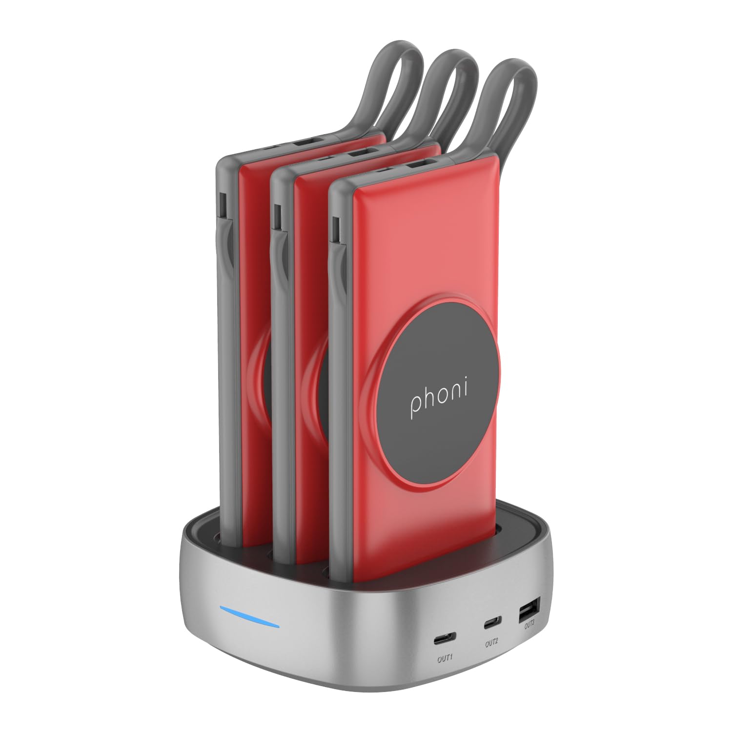 شارژر مغناطیسی وایرلس 3 در 1 Phoni و پاور بانک 10000mAh با کابل‌های USB-C و Micro USB، سازگار با دستگاه‌های لایتنینگ، اپل، سامسونگ، نوکیا، هوآوی و اوپو (قرمز)