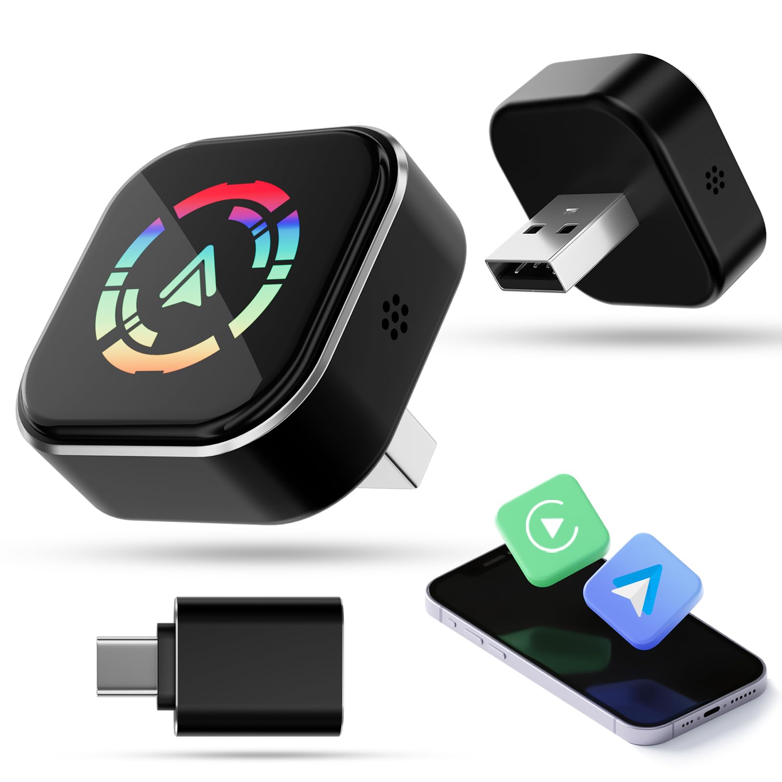 آداپتور بی‌سیم CarPlay، تبدیل کننده 2 در 1 از Carplay سیمی/اندروید خودرو به بی‌سیم، با ورودی Type-C و USB، پلاگ اند پلی برای iOS 10+/اندروید 11+/خودروهای از سال 2016