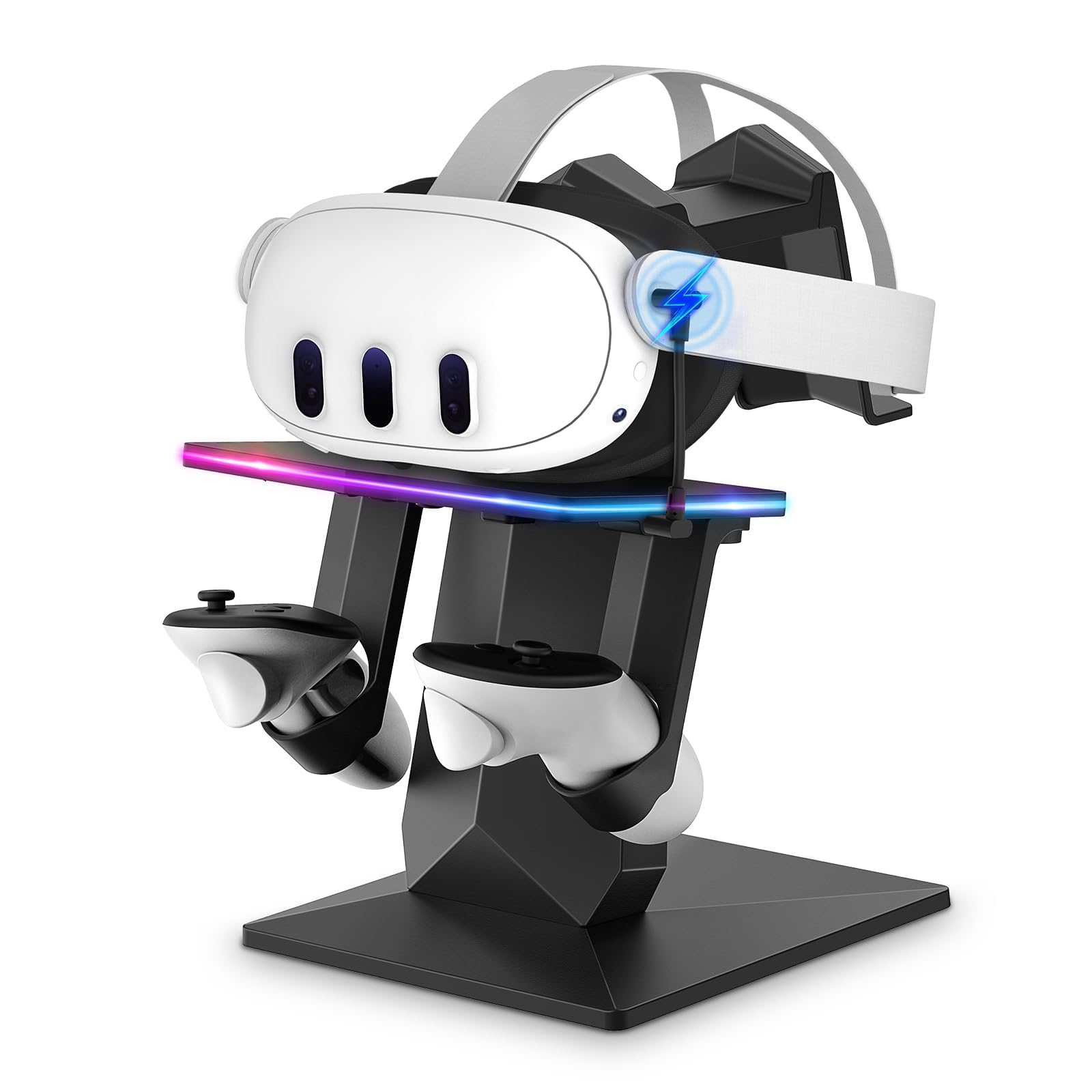 پایه شارژ PFUTURE برای متا کوئست 2/ کوئست 3/ کوئست 3S/ کوئست پرو - ایستگاه شارژ عمودی RGB با پورت Type-C، روشنایی قابل تنظیم و 14 افکت نور، لوازم جانبی شارژ هدست واقعیت مجازی
