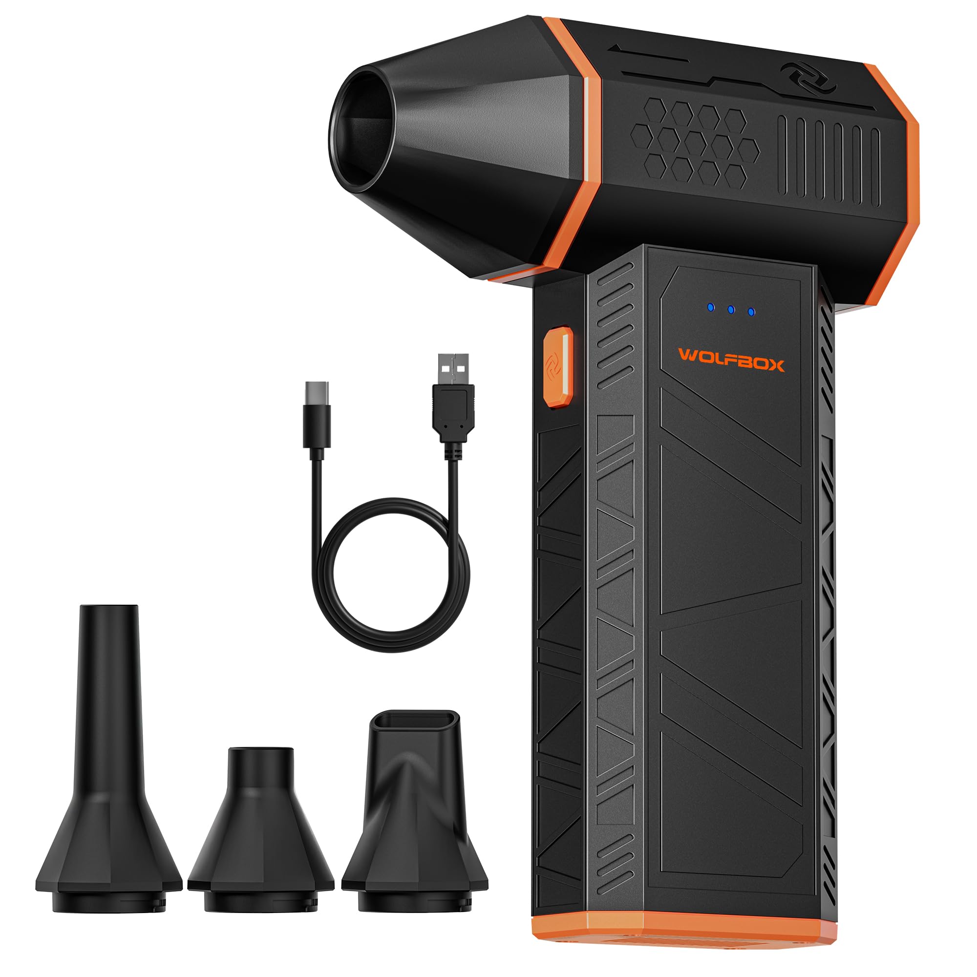 ویرایش برقی WOLFBOX MegaFlow 50 با سرعت 110000 دور در دقیقه، منبع هوای قابل تنظیم با 3 دور، بی‌سیم، شارژ سریع، مناسب برای حذف گرد و غبار در کامپیوترها، صفحه‌کلیدها، خودروها، خانه‌ها و فضای باز.