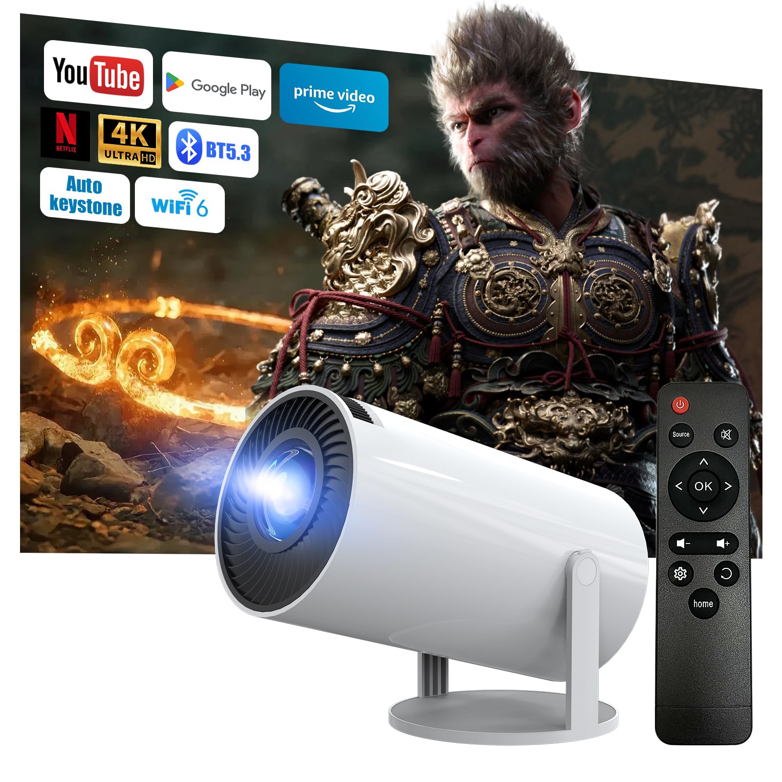 Projector 4K 1080P Full HD Supports Android 13, 2025 Upgraded Mini Projector 5G WiFi 6 BT 5.3, Mini Projector 4K Home Cinema/Laptop/HDMI/USB/Car Horizontal Trapezoid Correction