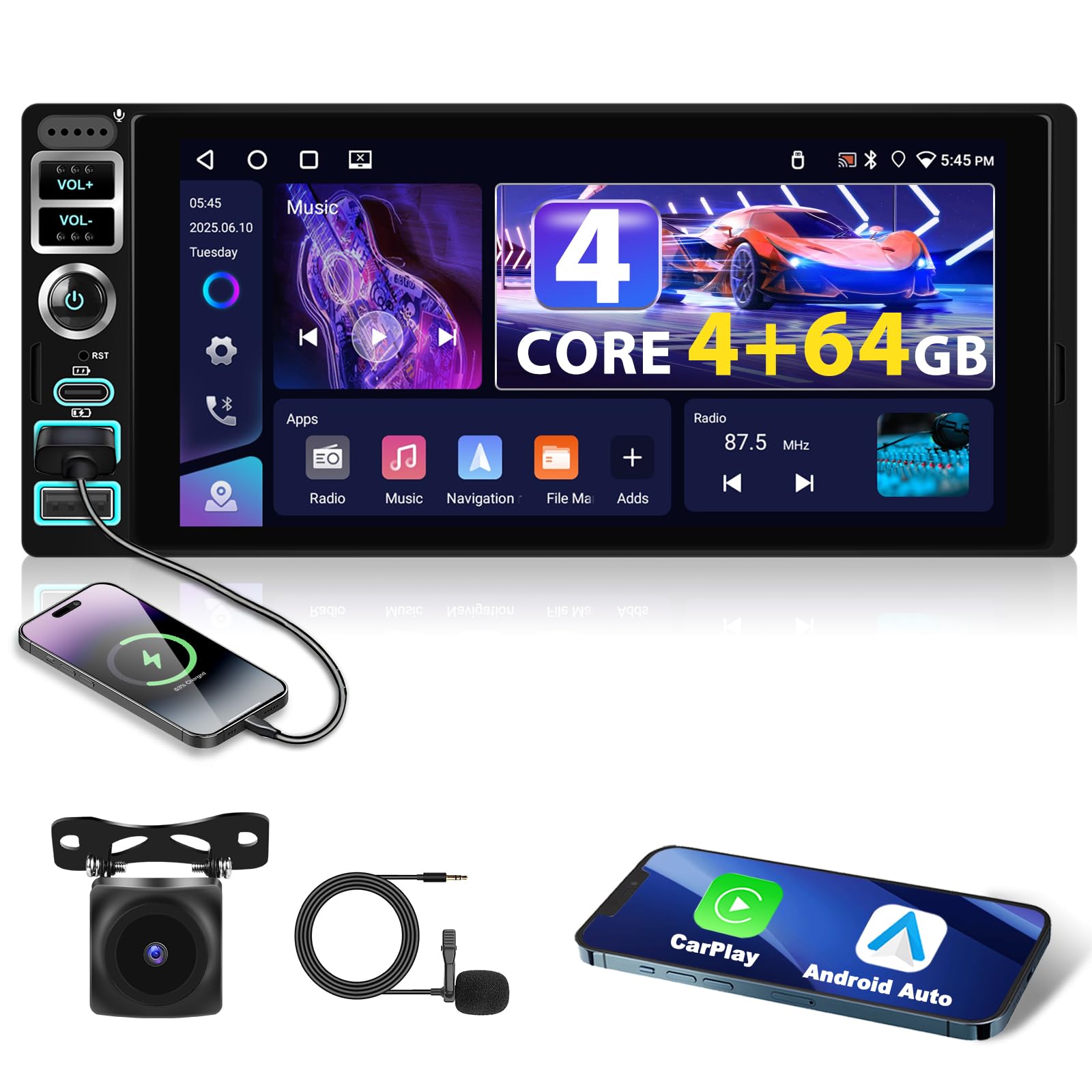 4+64G Motorsi 1 DIN رادیو اتومبیلی با A-pple CarPlay/Android Car بی‌سیم، صفحه نمایش IPS 6.9 اینچی با تاچ اسکرین، بلوتوث/SWC/FM/RDS/DSP/WiFi/USB رادیو گیرنده + کنترل از راه دور + دوربین عقب