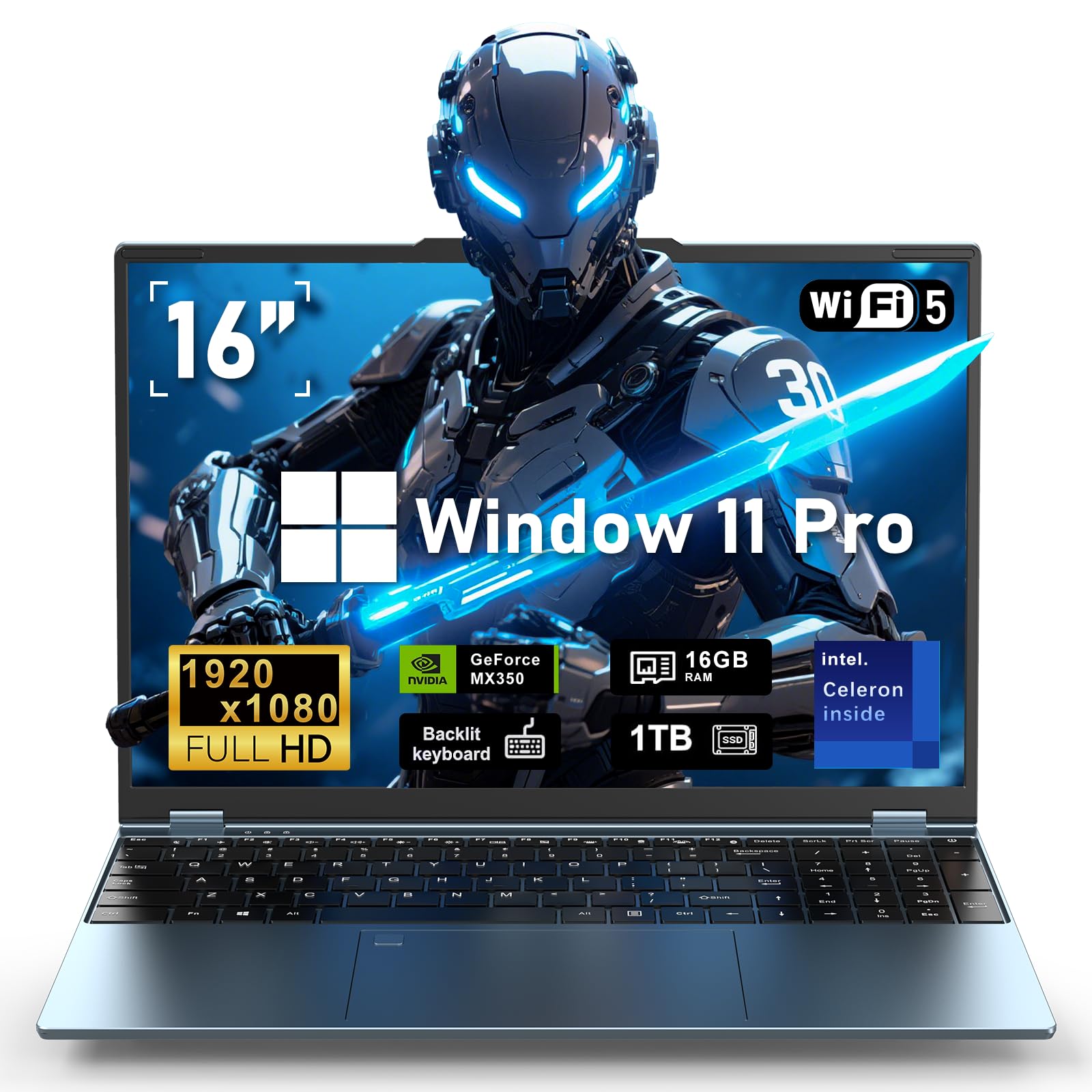 لپ تاپ بازی NAIKLULU، کامپیوتر لپ تاپ 2025، وین 11 Pro 16 اینچی، 16GB رم و 1TB حافظه داخلی SSD، گرافیک MX350، پردازنده N95 4 هسته‌ای/4 رشته‌ای (تا 3.4 گیگاهرتز)، صفحه‌کلید با نور پس زمینه، صفحه نمایش 16 اینچی با وضوح تصویر FHD 1920 * 1200، WiFi 5، BT4.0 - 16GB رم و 1TB حافظه داخلی SSD