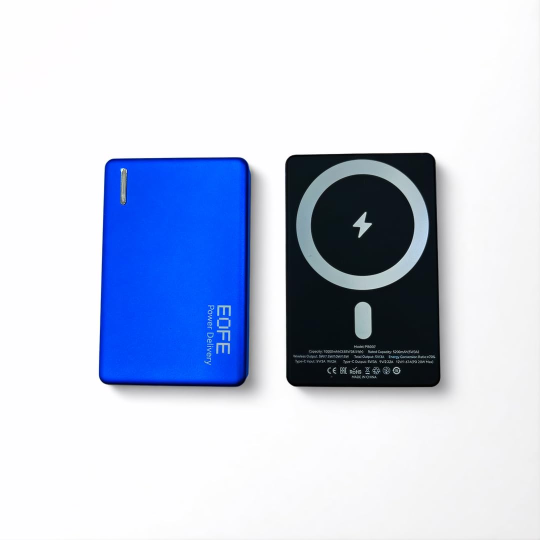 پاوربانک بی‌سیم مغناطیسی 10000 میلی‌آمپر ساعت Eofe - شارژ سریع 20 وات USB-C، سازگار با آیفون 12 تا 16 و سامسونگ سری S24/S25، پک باتری قابل حمل با رنگ آبی