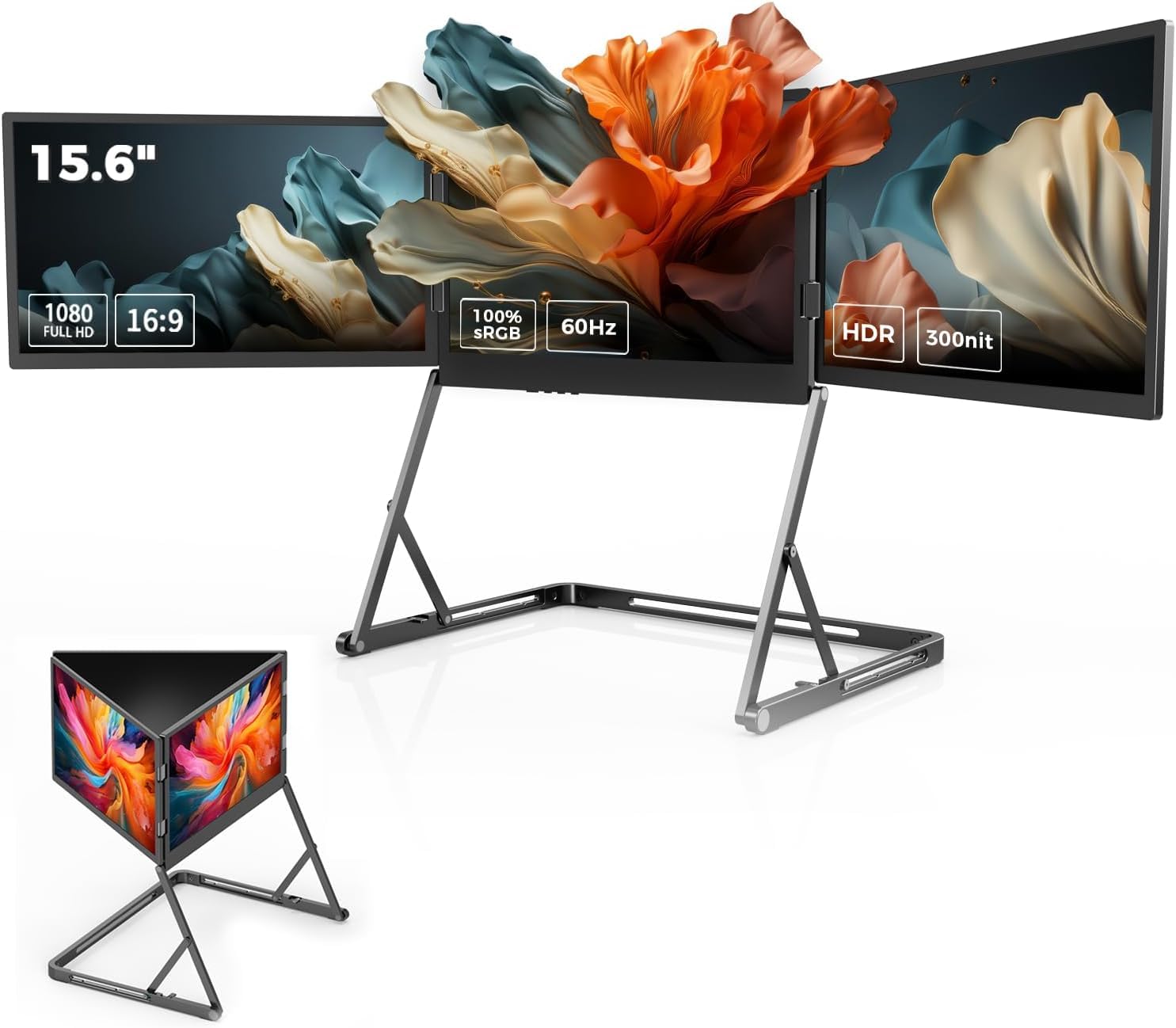 صفحه نمایش قابل حمل V2COM Quad Triple Laptop Monitor Extender - 15.6 "FHD 1080P IPS با HDR، چرخش 180 درجه، پلاگ اند پلی، سازگار با ویندوز/مک‌اواس (M1/M2/M3)