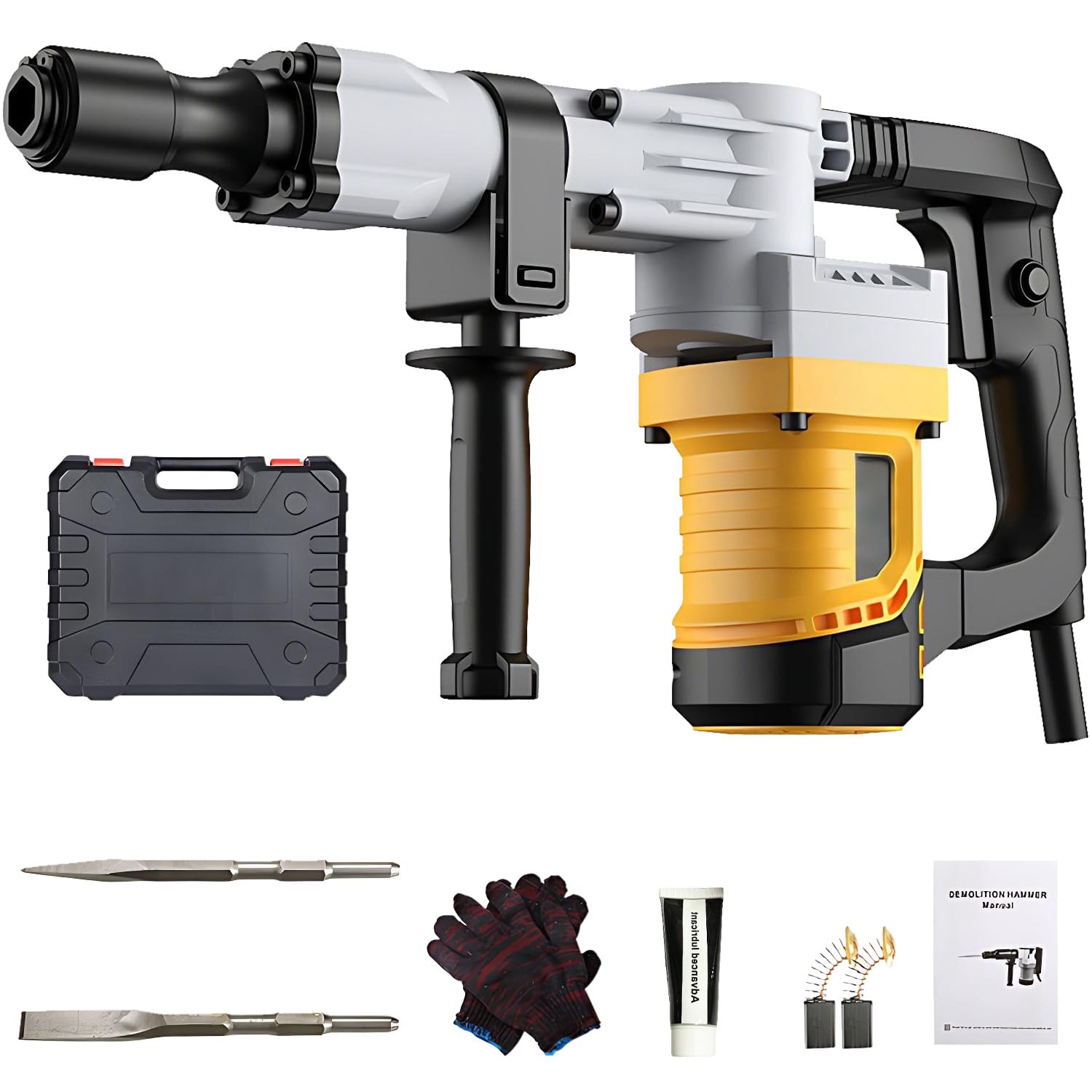لطفا ترجمه کنید: Gluckluz Demolition Hammer Drill Heavy Duty Rotary Hammer Breaker 1200W Electric Jackhammer Machine with Tool Case & Chisels & 360° Swivel Handle for Building Wall Stone Breaking Cement Concrete