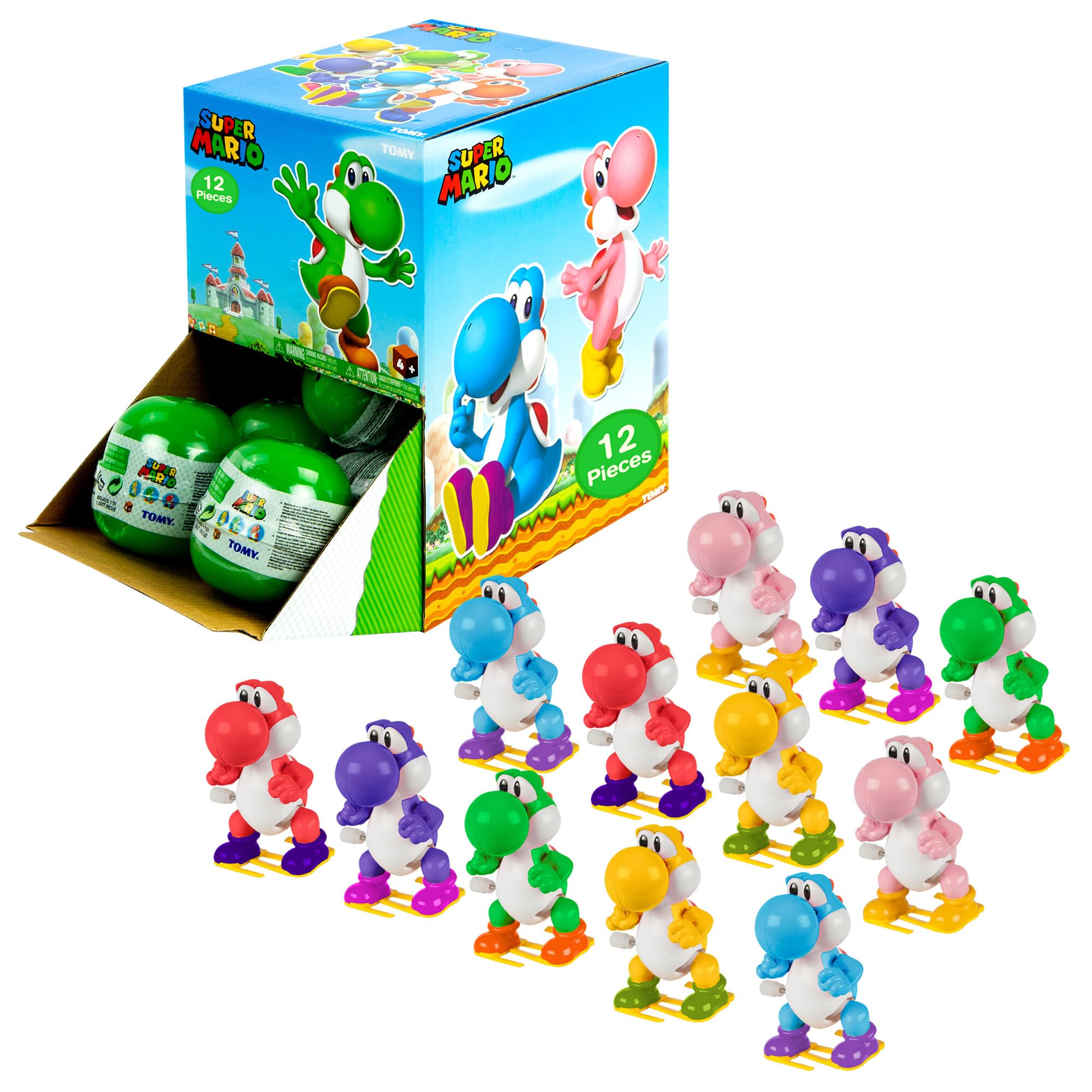 TOMY Super Mario Yoshi Wind Up Blind Box Assortment - Chance for Green, Red, Yellow, Purple, Pink, or Blue Yoshi Toys - Kids Mario Toys in Mystery Box Capsules - 12 Count - Ages 5 Years and Up
